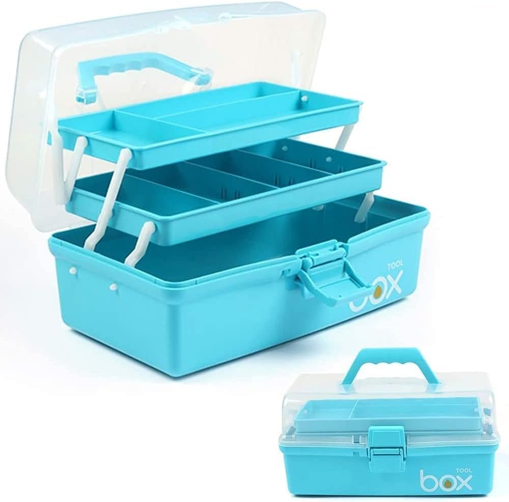 TERGOO 12in 3-Layer Plastic Craft Organizers and Storage, Portable Folding Tackle Box with Handle & Adjustable Dividers, Multipurpose Case for Sewing, Art Supplies, Medicine, Tools (Blue)