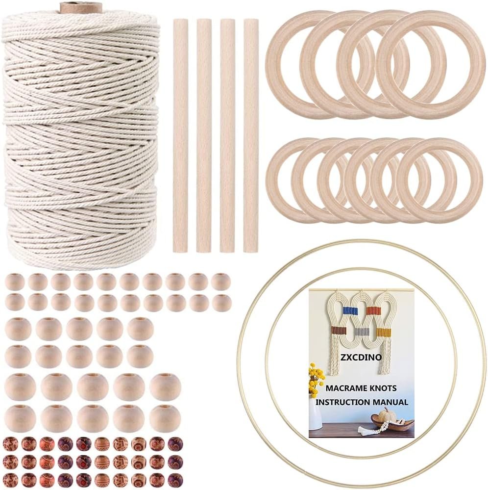 87pcs Macrame Kits for Beginners 3mm x 220yards Natural Cotton Macrame Cord Wall Hanging Kit, Macrame Supplies Best for Macrame Plant Hanger with Wooden Beads,Wooden Rings