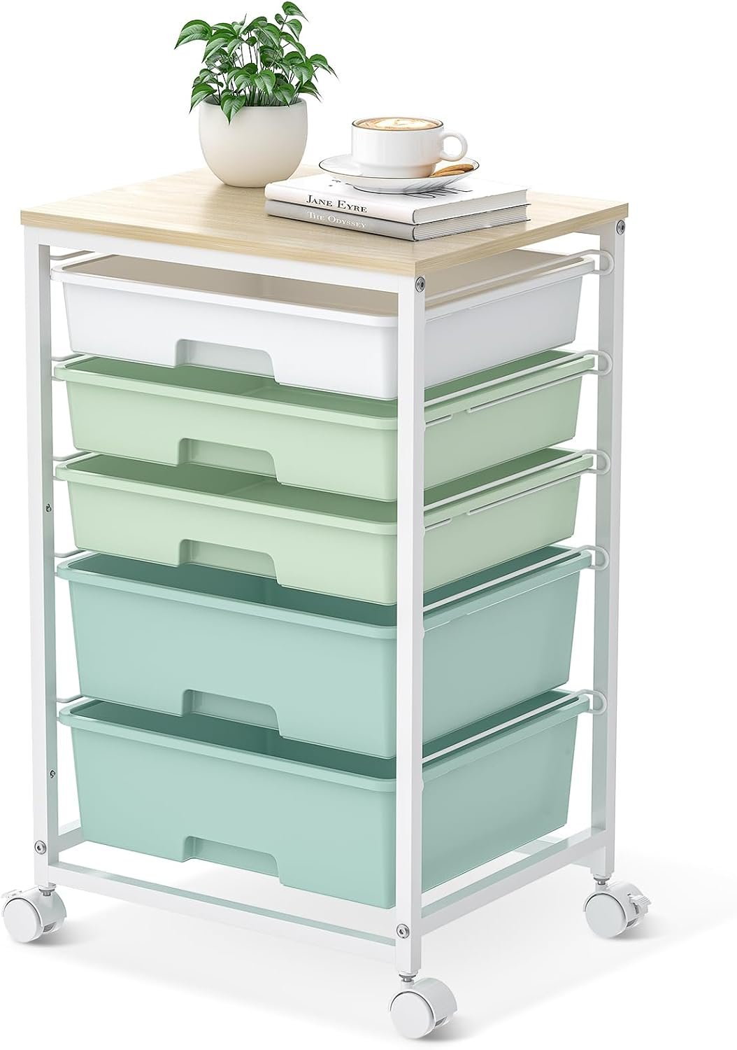 SYKIARIOL Rolling Cart with Drawers,5 Drawers Storage Cart,Light Green