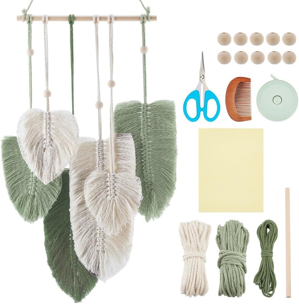 FREEBLOSS DIY Macrame Leaf Wall Hanging Kit Leaves Woven Tapestry Feather Wall Hanging Decor Beginners Macrame Kit for Adults Birthday Gift (Green&White)