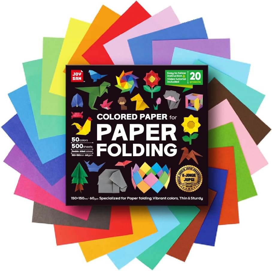 Origami Paper kit for Kids Ages 5-8 8-12, made in Korea, Double sided colored, 500 sheets, 50 Colors, 6×6 Square, DIY art craft projects, easy guide book, QR Video tutorial included