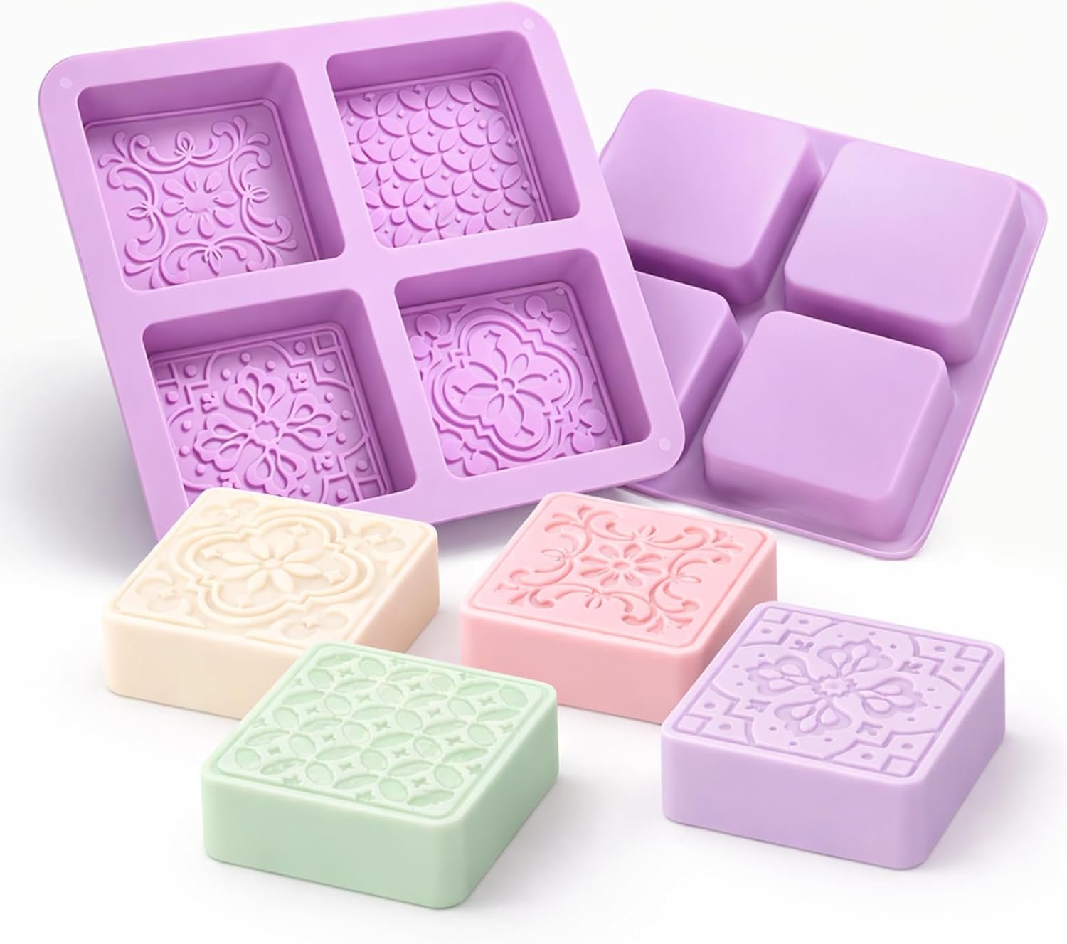 2Pack Embossed Floral Silicone Soap Mold Square Handmade Soap Making Mold Square Silicone Mold Vintage Floral Embossed Mold Handmade Soap Mold for Soap Candle Lotion Bath Bombs Resin Cake Chocolate