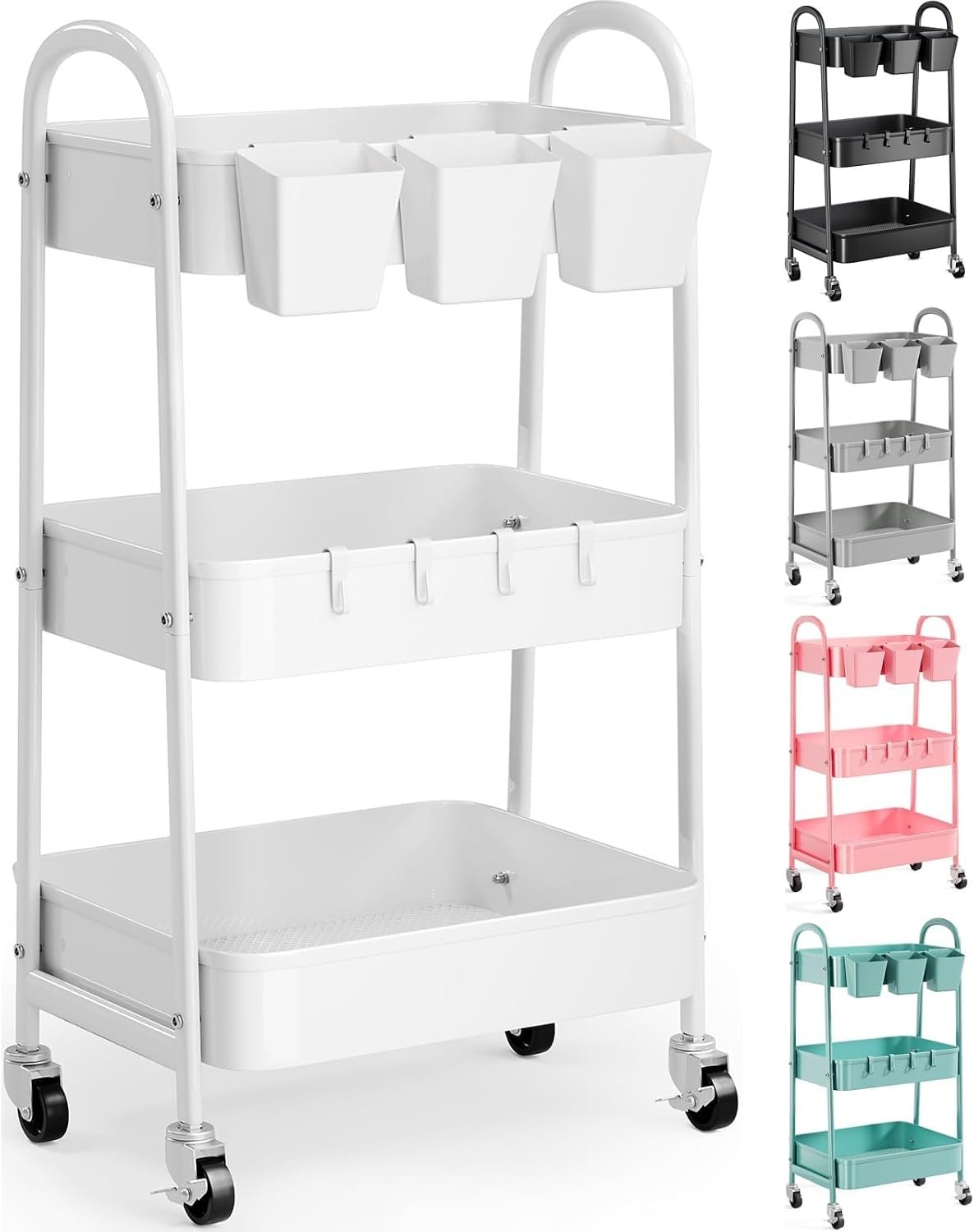3 Tier Heavy Duty White Metal Rolling Cart with Lockable Wheels, Baby Carts