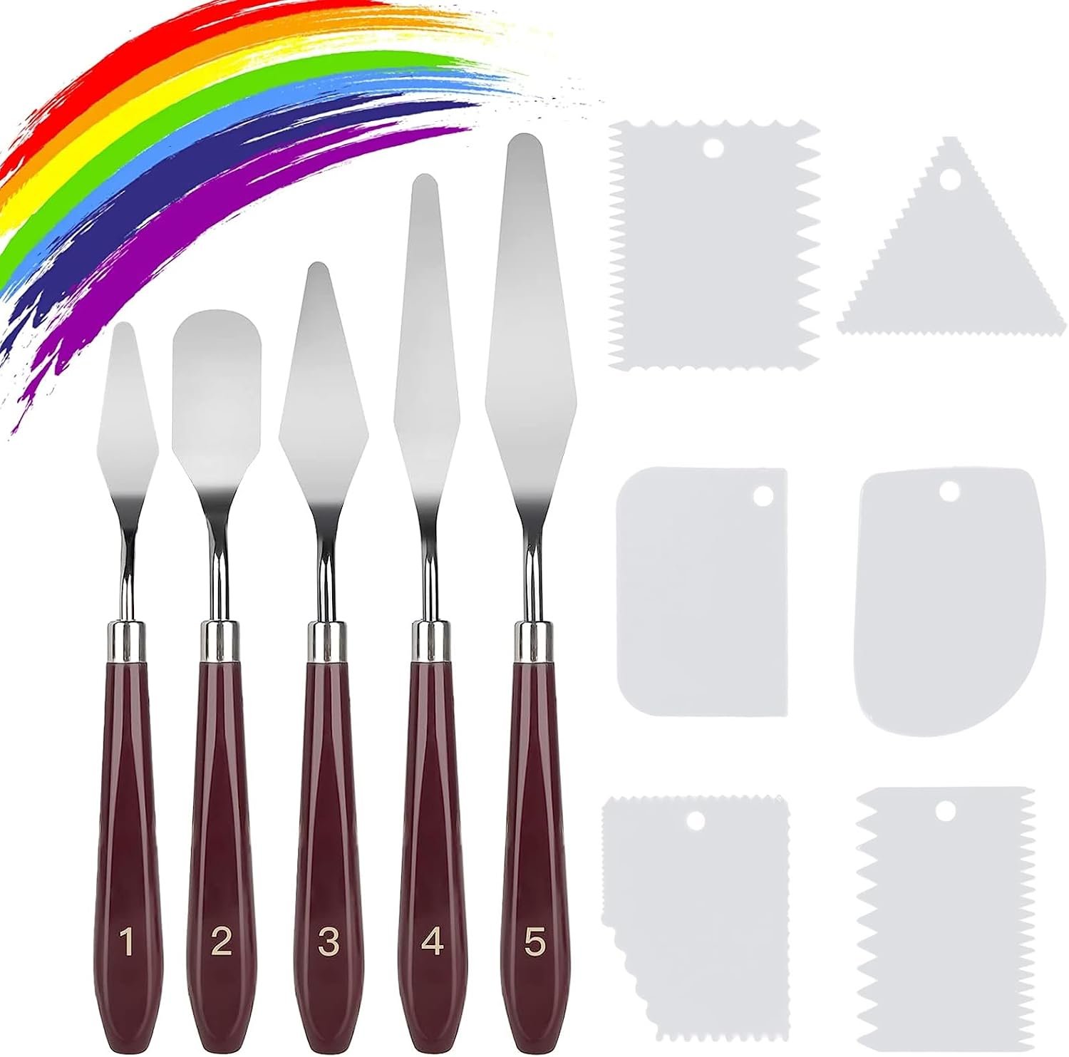 11 Pcs Palette Knife Set, 5 Pcs Stainless Steel Palette Knives and 6 Pcs Plastic Scrapers, Painting Accessories for Oil Acrylic Canvas Painting Color Mixing Thick Paint Applications (White)