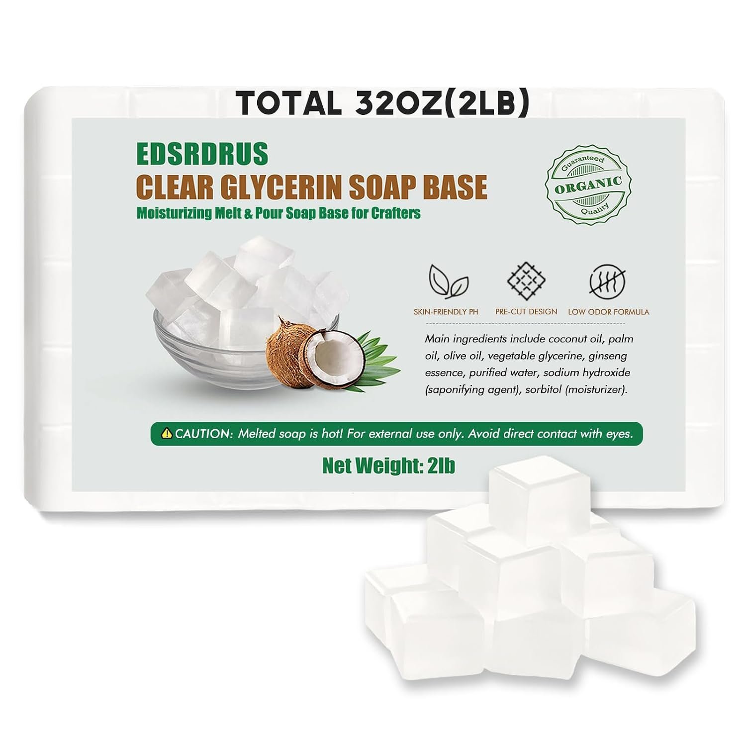 EDSRDRUS 2 lb Clear Glycerin Soap Base, Melt & Pour, Easy-Cut, Unscented