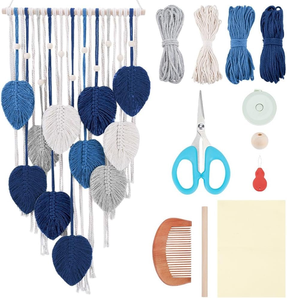 ACRNIGHEET Boho Macrame Leaf Kit for Adults Beginners DIY Macrame Kit Leaf Tassels Wall Hanging Elegant Bohemian Wall Decor Macrame Projects Handmade Enthusiast Gift(Blue Grey)
