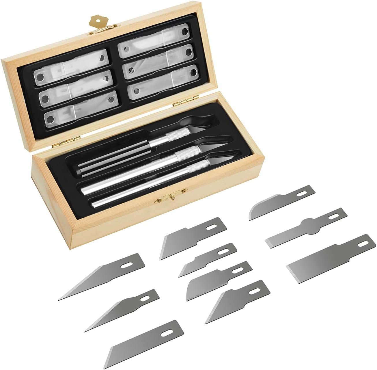 Headley Tools Precision Craft Hobby Knife Set (38pcs) with Wooden Chest, Razor Sharp Knives for Scrapbooking, Art Modeling, Sculpture, Wood&Leather Working- Fine Point, Scoring, Chiseling Blades