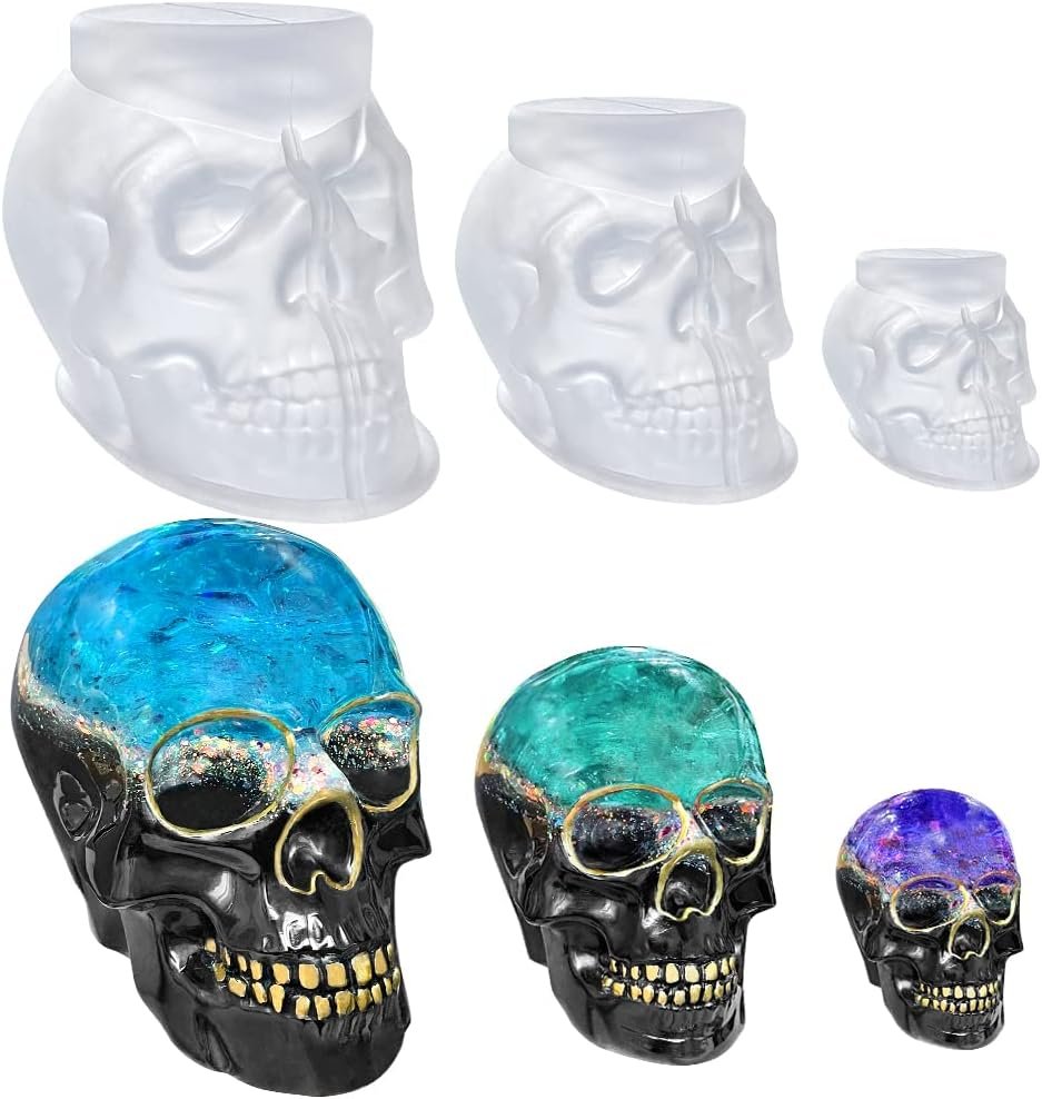 RESINWORLD Set of Large + Medium + Small 3D Skull Resin Molds, Flexible Clear Silicone Skull Head Molds, Silicone Molds for Resin, Soap, Clay, Candle Wax Casting, Halloween Home Decoration