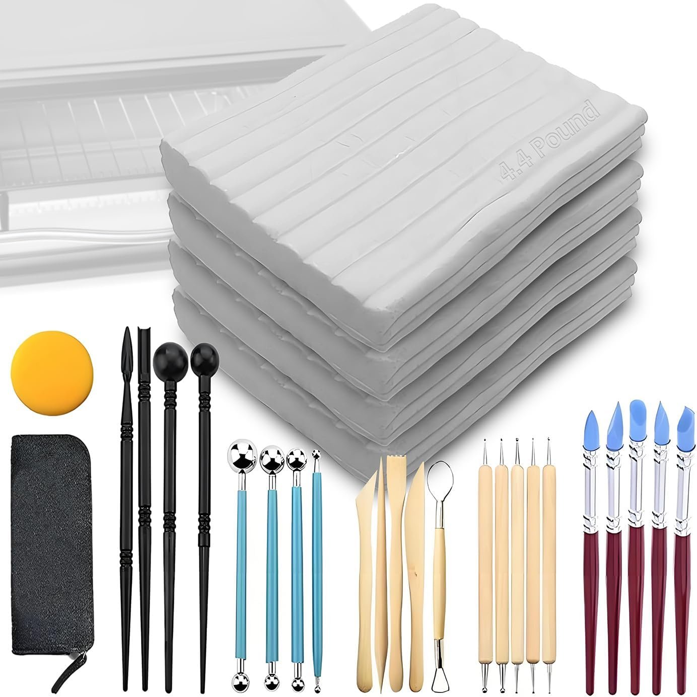 ReArt Oven Bake Polymer Clay White, Non Toxic 4.4Lbs with Pottery Tools & Paint Brushes Great for Modeling, Sculpting, Holiday, DIY Jewelry Making Projects. Great for All Skill Levels (White & Tools)