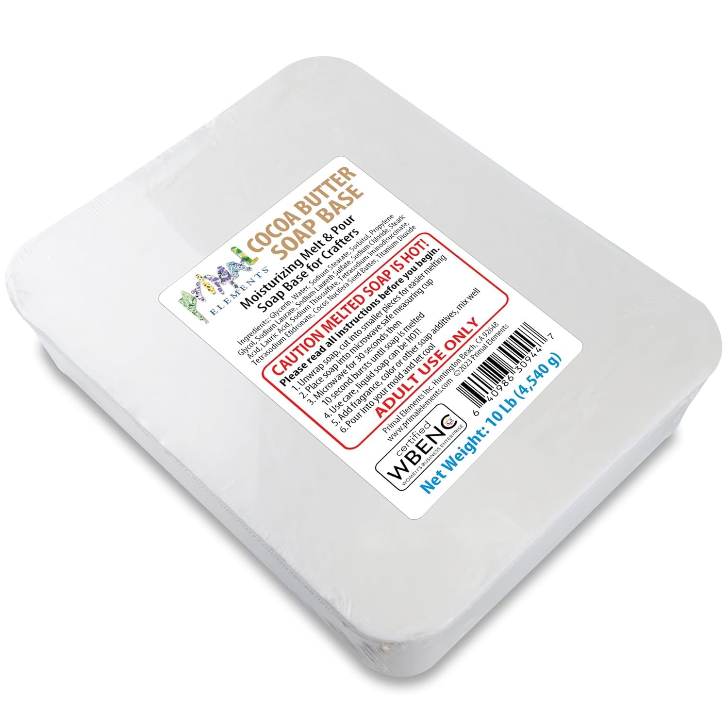 Primal Elements Cocoa Butter Soap Base – Moisturizing Melt and Pour Glycerin Soap Base for Crafting and Soap Making, Easy to Cut – 10 Pound