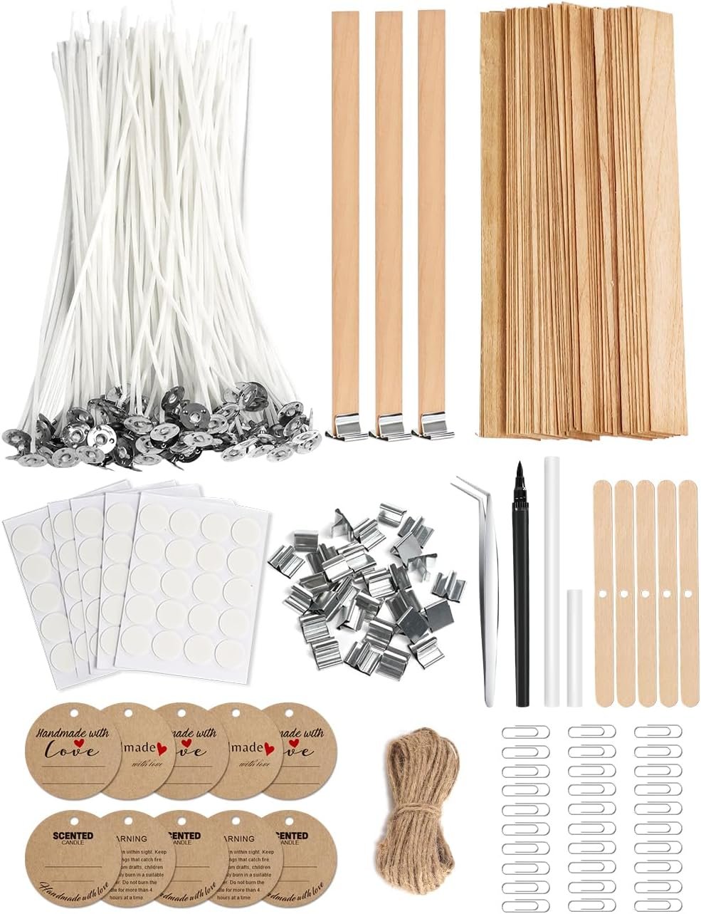 Multiwins 130 Pcs Candle Wicks for Candle Making Kit: 100 Cotton & 30 Wood Wicks with Complete Tool Set (Wick Holders, Wick Stickers, Candle Tabs, Tweezers, Pen), for Soy Beeswax DIY Candles
