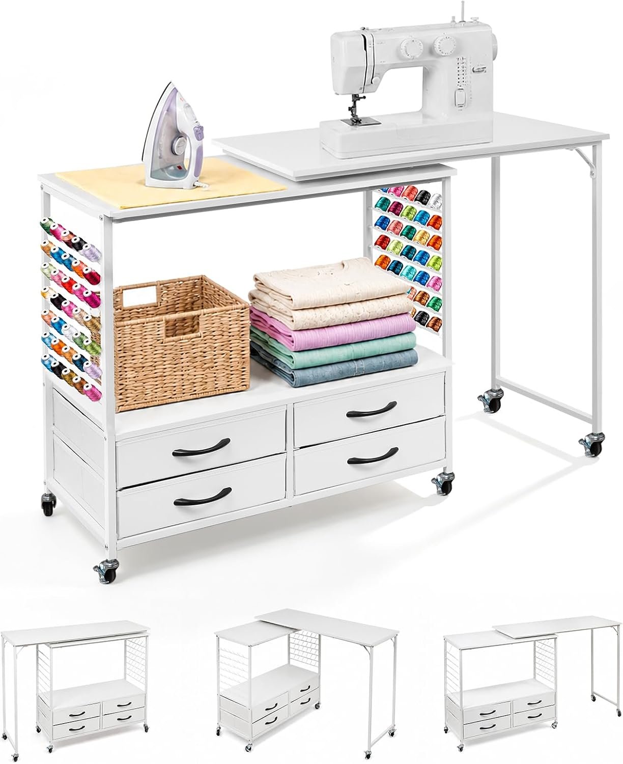 Sewing Table with Storage, 46.5” Folding Sewing Table -70 Pegs, 4 Drawers