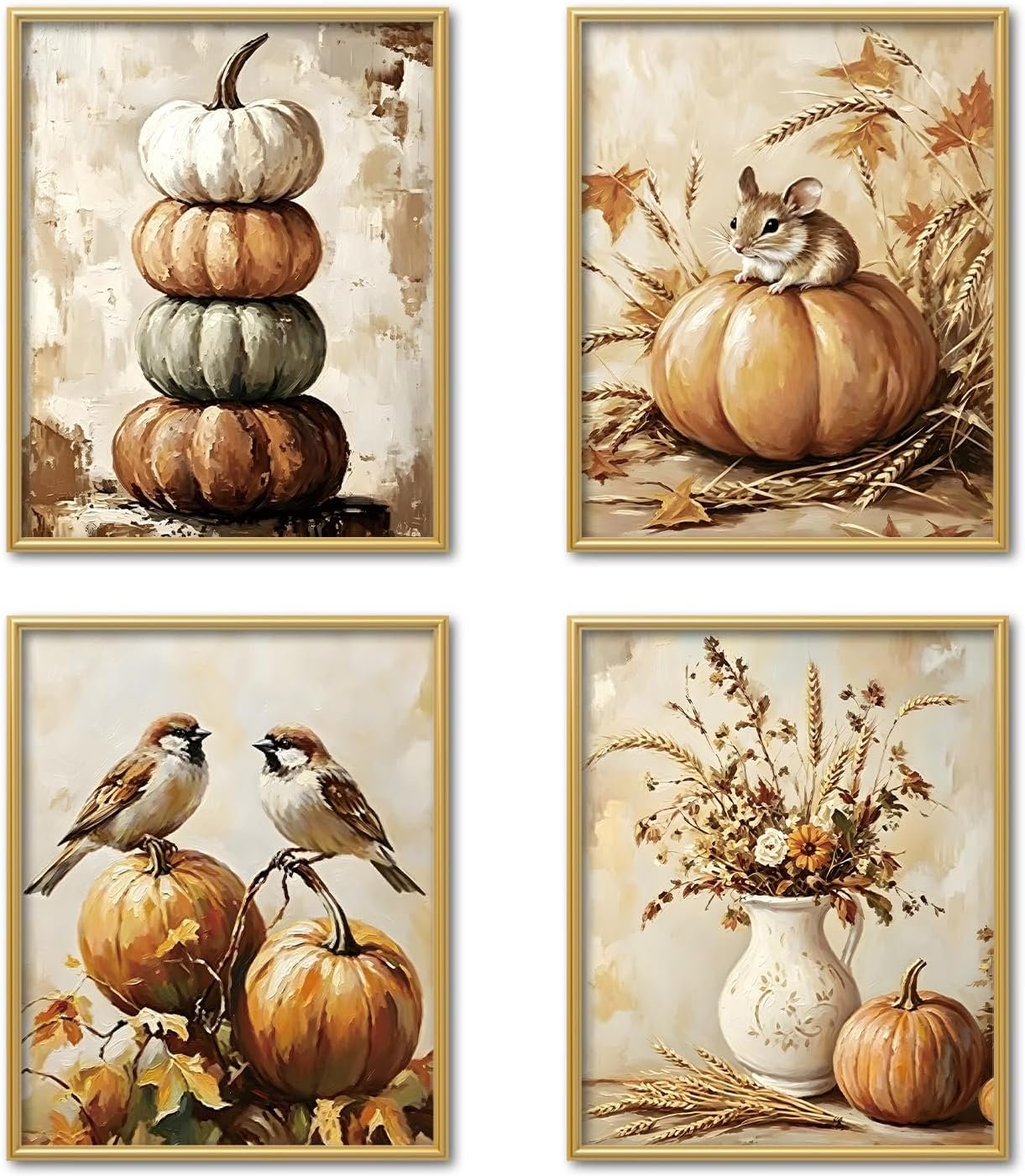 OCFMUHFP Neutral Fall Wall Art Decor Prints Set of 4, Vintage Pumpkin Farmhouse Posters, Rustic Autumn Harvest Artwork for Living Room Kitchen Dining Room, Seasonal Home Decorations, 8×10 Unframed