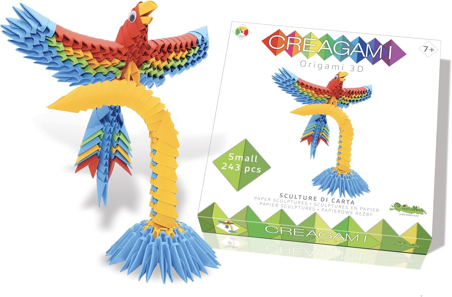 Creagami Parrot, a Colorful 243-piece 3D Origami Kit, Modular Paper Construction for Ages 7 – Adult, Large, Clear