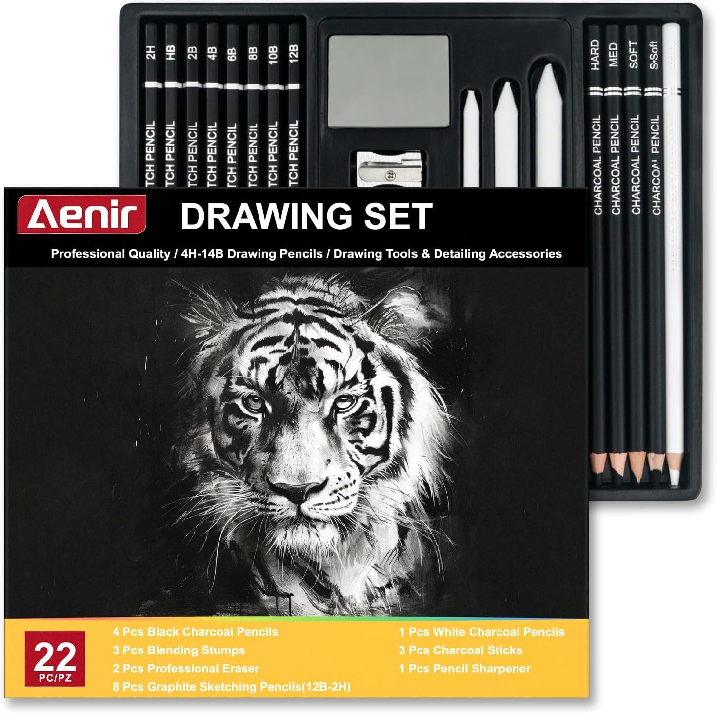 Aenir Charcoal Pencils for Drawing, 22-Piece Sketch Pencils for Drawing Set