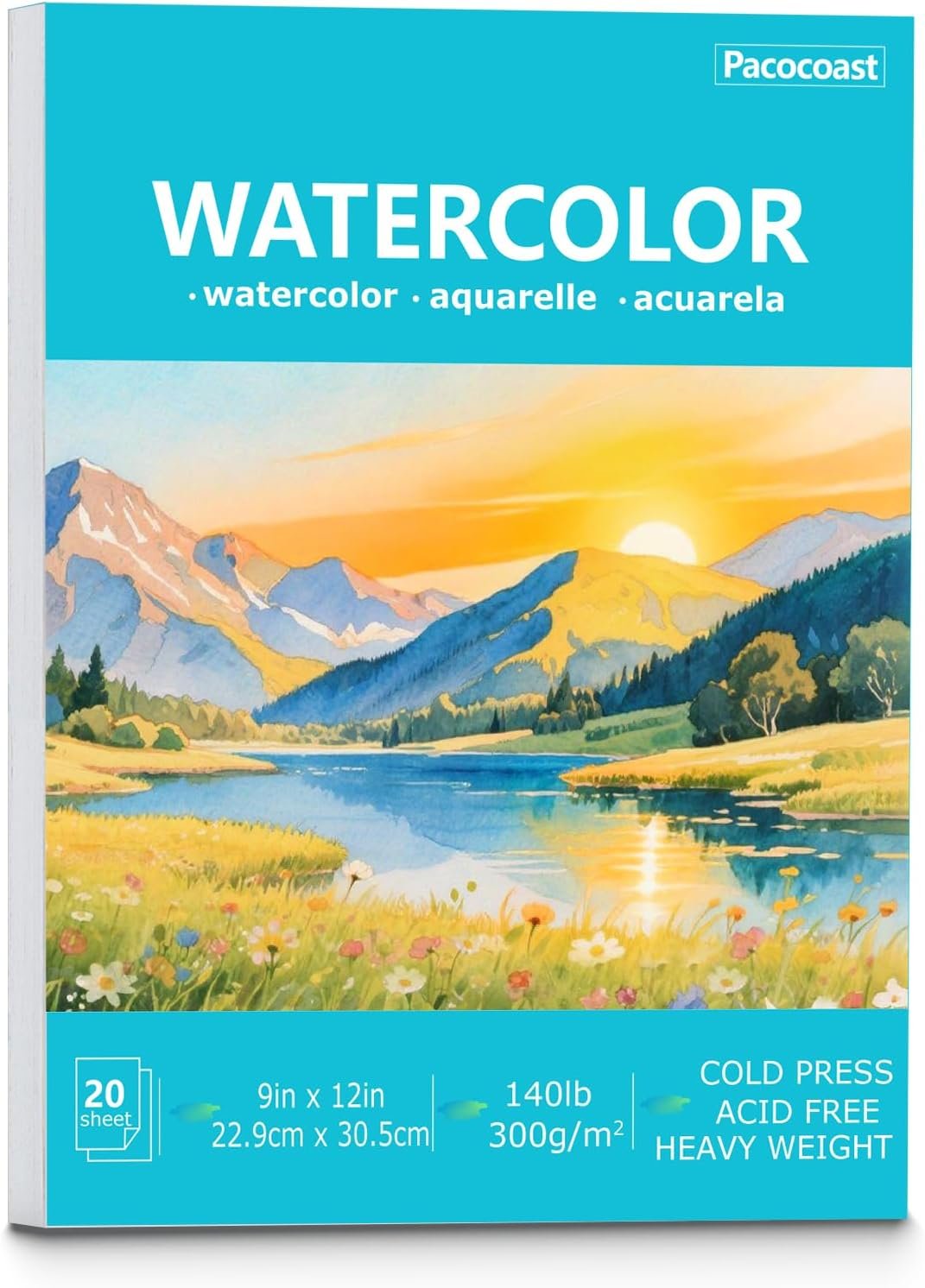 Pacocoast Watercolor Paper, 9″X12″ Cold Press Water Color Paper Pad,Teal