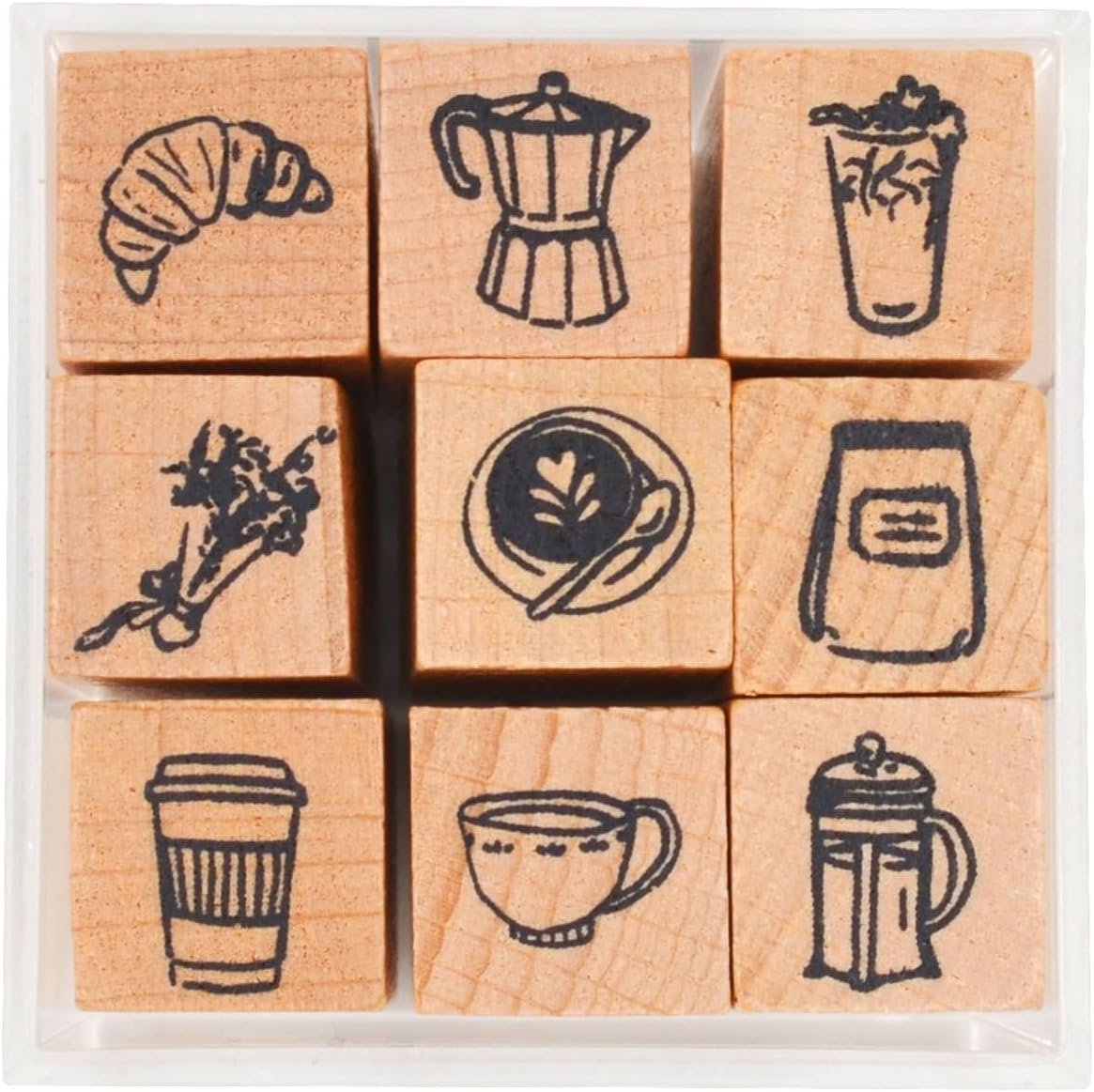9cs Mini Wood Rubber Stamp Set, Coffee-Themed Decorative Wooden Stamp Set for Art Craft, Journal, Diary, Scrapbook, Planner, Letter, Card Making M-3(Coffee Time)