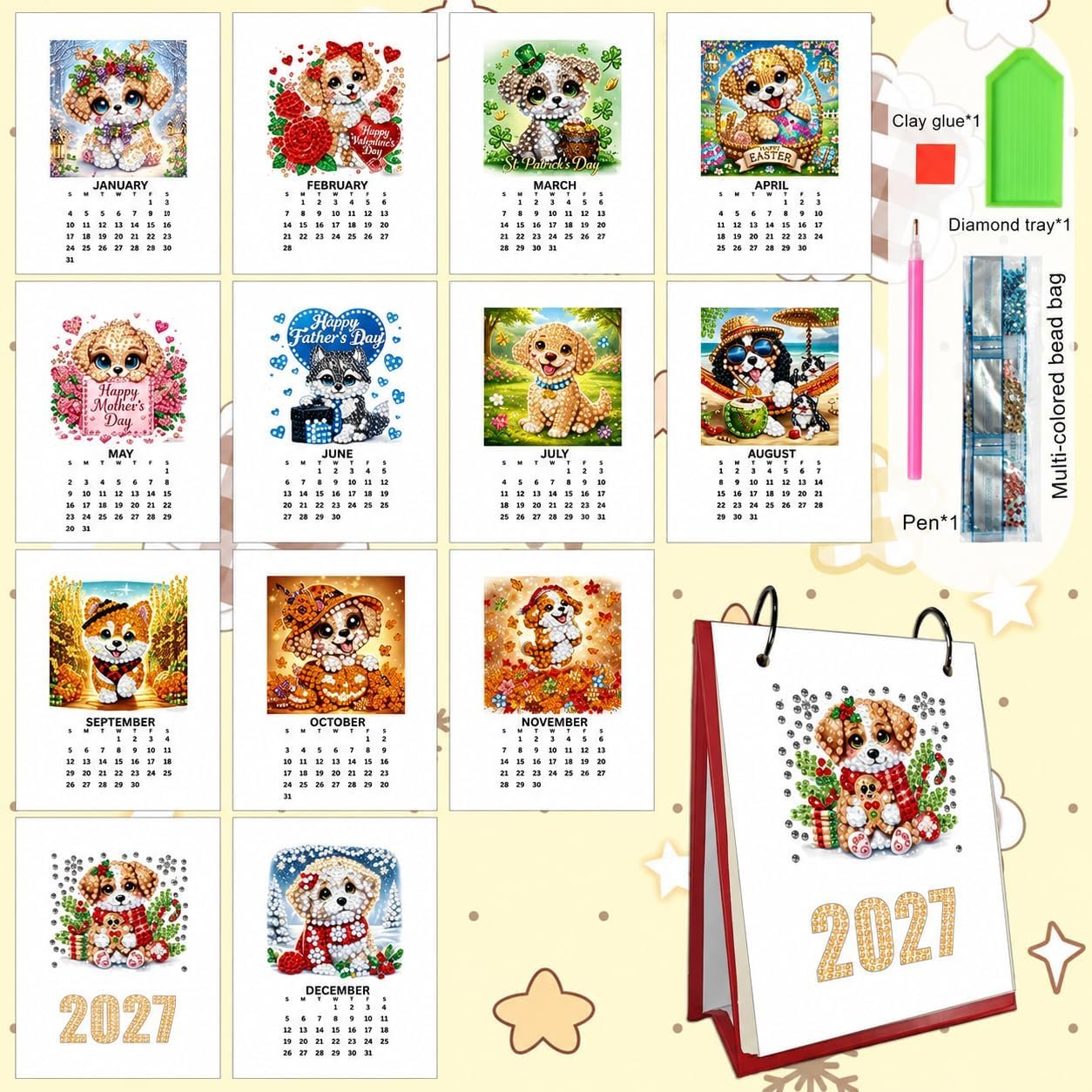 2027 5D Diamond Painting Desk Calendar – DIY Flip Calendar with Full Tools Set, 12 Months Cute Dog Holiday & Seasonal Diamond Art, Handmade Craft Gift for Adults & Hobby Lovers(S8)