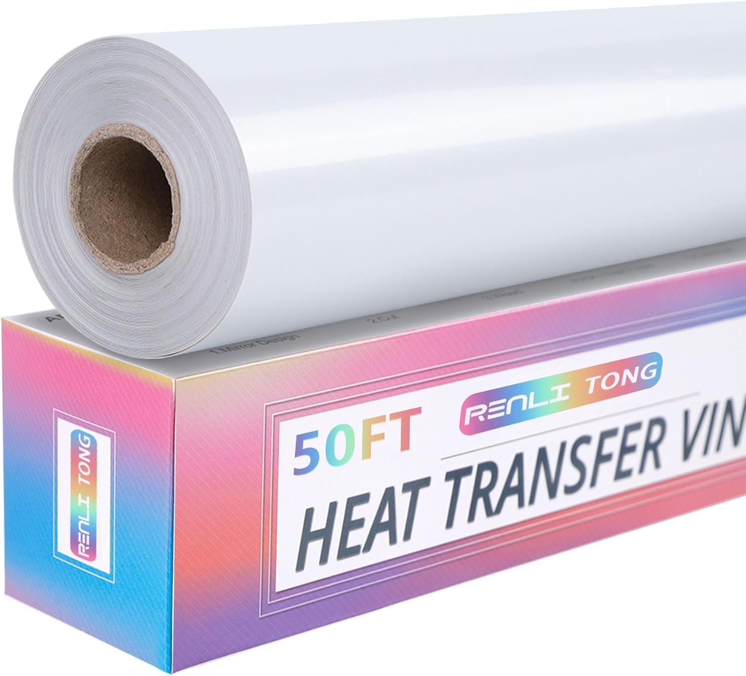 RENLITONG White Iron on Vinyl 12Inch by 50ft Roll Heat Transfer Vinyl for T-Shirt White HTV Rolls for All Cutter Machine – Easy to Cut & Weed for Heat Transfer Design