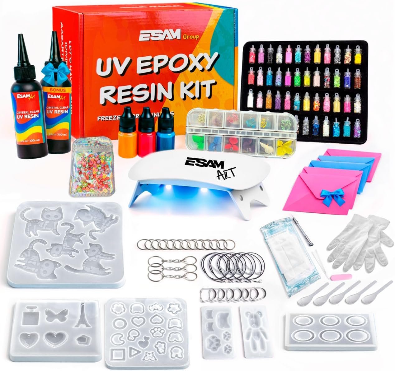 ESAM Group UV Resin Jewelry Making Kit for Kids, Teens & Beginners – Complete Starter Set with UV Lamp, 6 Silicone Molds, 48 Glitter, 3 Pigments, Jewelry Findings, Dried Flowers & Tools (Deluxe kit)