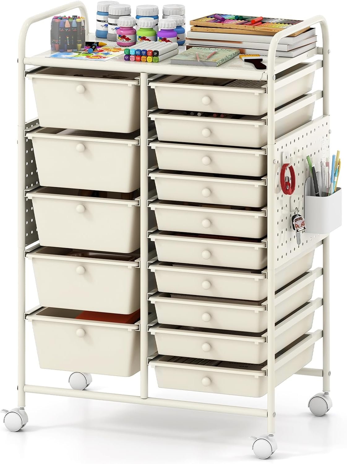 Giantex 15 Drawer Storage Cart, Rolling Craft Cart with Metal Tabletop & Pegboard, Mobile Utility Organizer Trolley with Locking Wheels, Home Office, Classroom, Teacher Supplies, Ivory