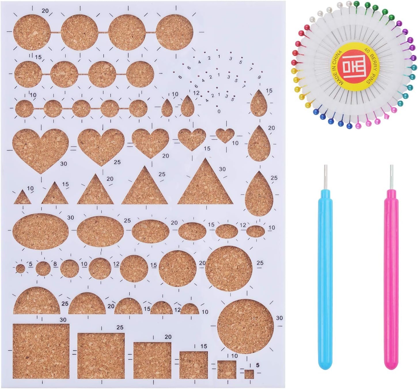 1 Set of Paper Quilling Template Board Quilling Mould with 2pcs Quilling Slotted Tools and 40pcs Pearl Head Pins for DIY Paper Craft