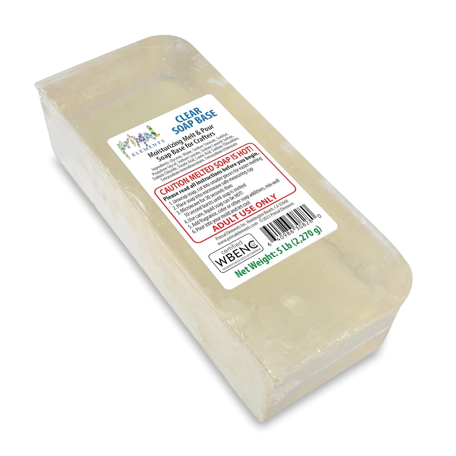 Primal Elements Clear Soap Base – Moisturizing Melt and Pour Glycerin Soap Base for Crafting and Soap Making, Easy to Cut, Unscented – 5 Pound