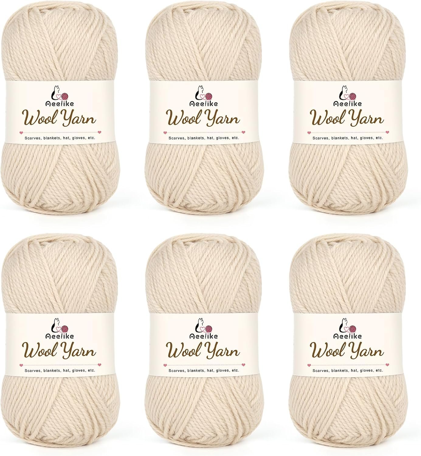 Aeelike Wool Blend Yarn for Knitting & Crochet, #4 Medium Weight, Ivory