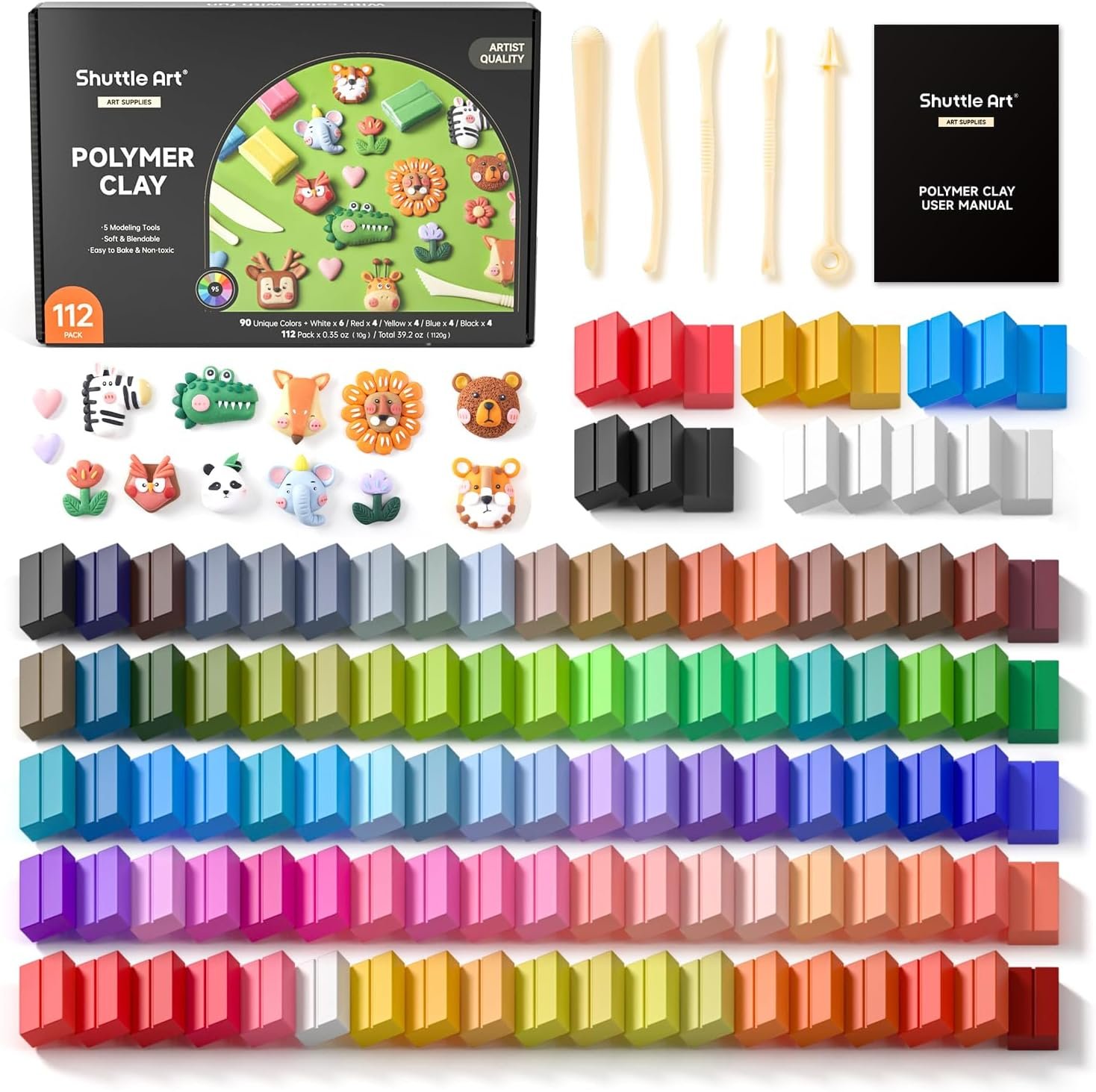 Shuttle Art 117 PCS Polymer Clay Kit, 95 Unique Colors & Extra Basic Colors, 5 Carving Tools, Non-Toxic, Non-Sticky, Small Block, Ideal Gift for Kids