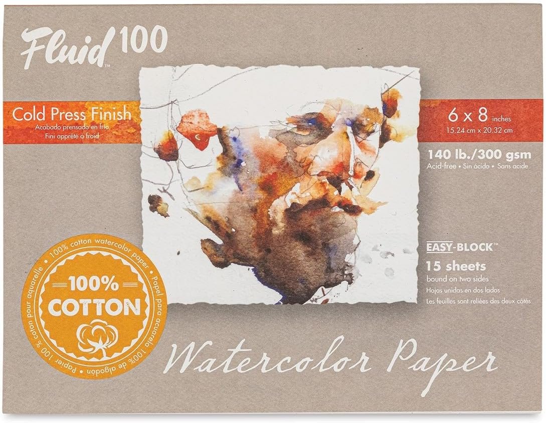 Fluid 100 Watercolor Paper Block, 6 x 8 inches, 15 Sheets. 140 lb (300 GSM) 100% Cotton Cold Press Pad for Artist Painting and Wet Media