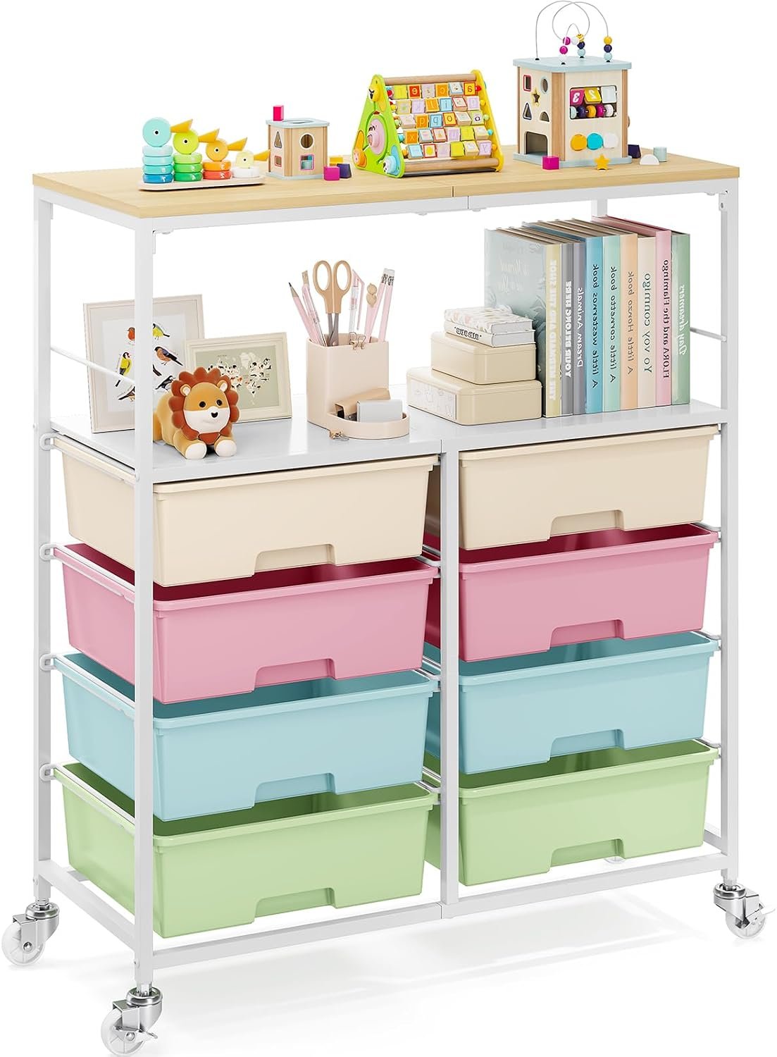 APEXCHASER Rolling Storage Cart with 8 Large Drawers,Wooden Tabletop
