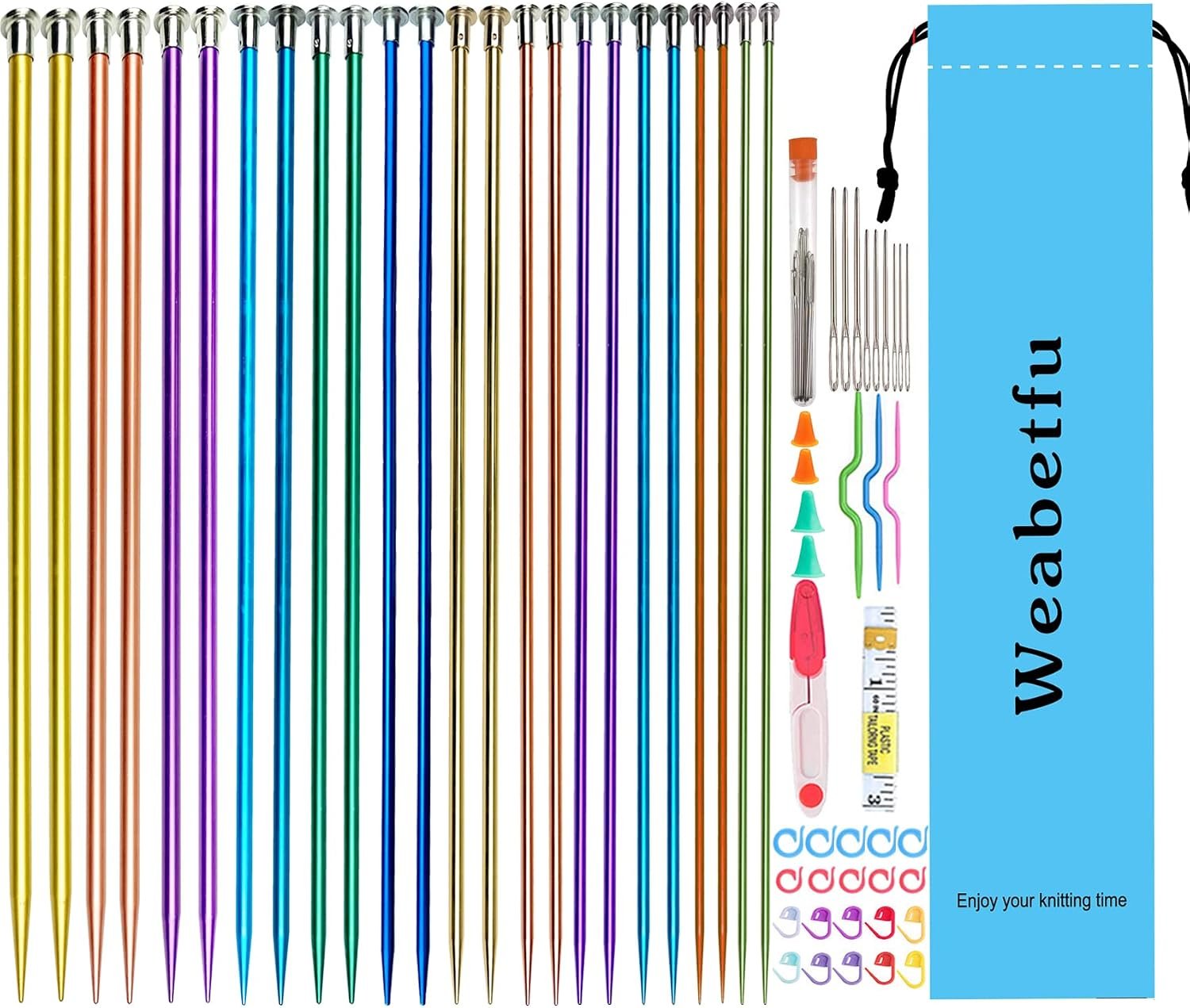 Weabetfu 65pcs Aluminum Metal Knitting Needle Set,Colored Straight Single Pointed Knitting Needles,12 Size 2.5mm-10mm,10inch Length for Handmade DIY Knitting with Knitting Accessories