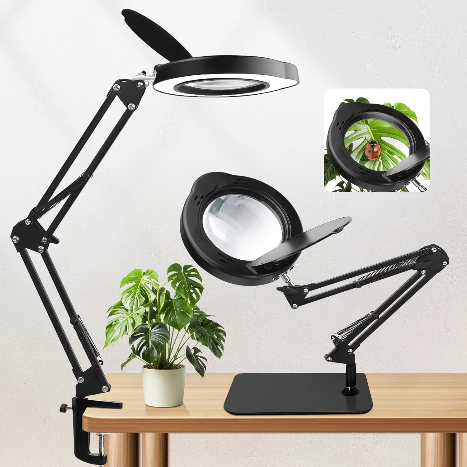 15X Magnifying Glass with Light & Stand,Real Glass,RTM Safety Protection,5 Colors Stepless Dimmable Eye-Caring LED,2-in-1 Hands-Free Desk & Clip-On Magnifier for Reading Crafts Painting & Repair