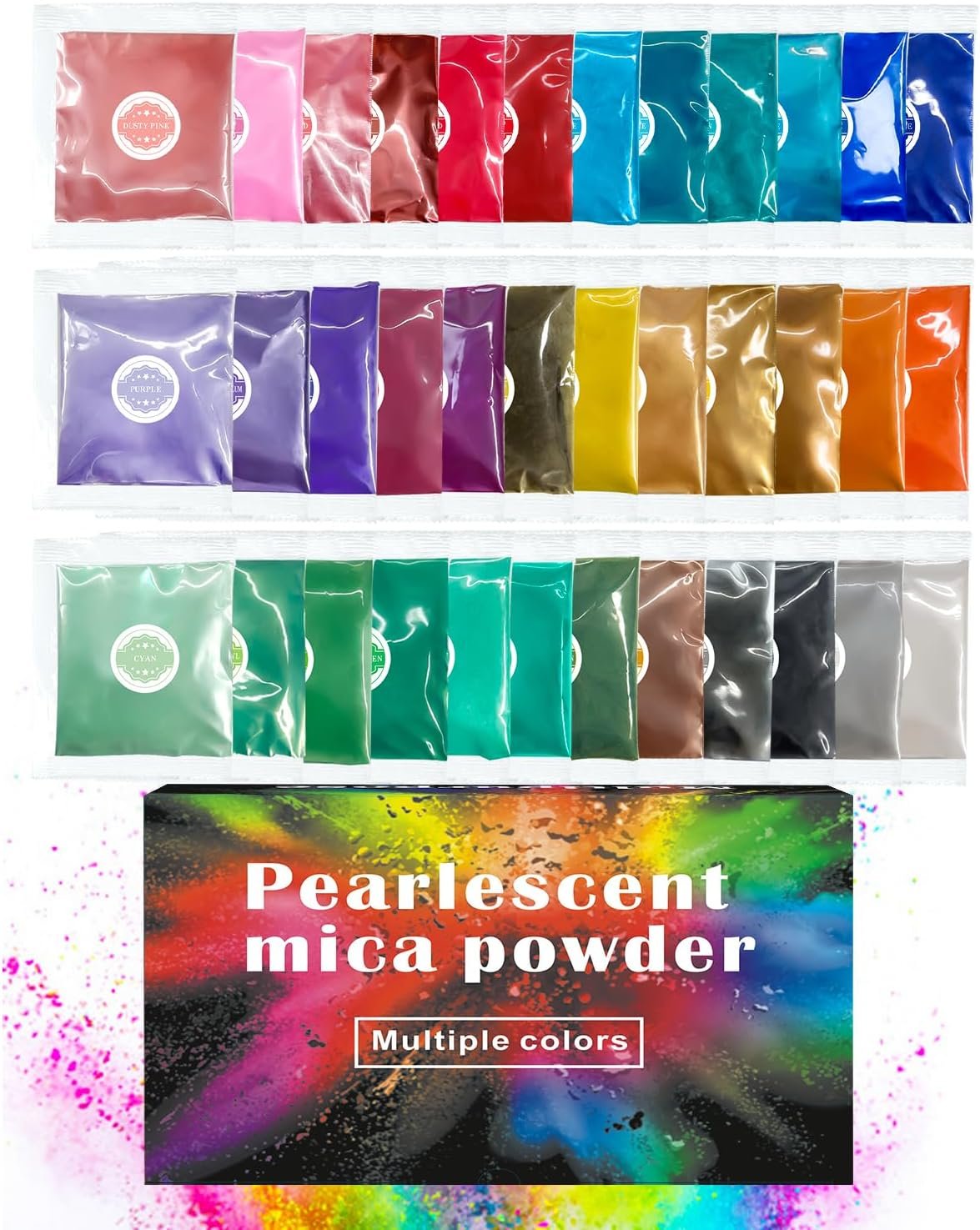Mica Powder, 36 Colors Pearlescent Pigment Powder for Epoxy Resin, 3g/Bag Pearl Pigment Set​​ for Soap Making, Bath Bomb, Candle Making, Art Crafts, Lip Gloss, Nail Polish, Dye