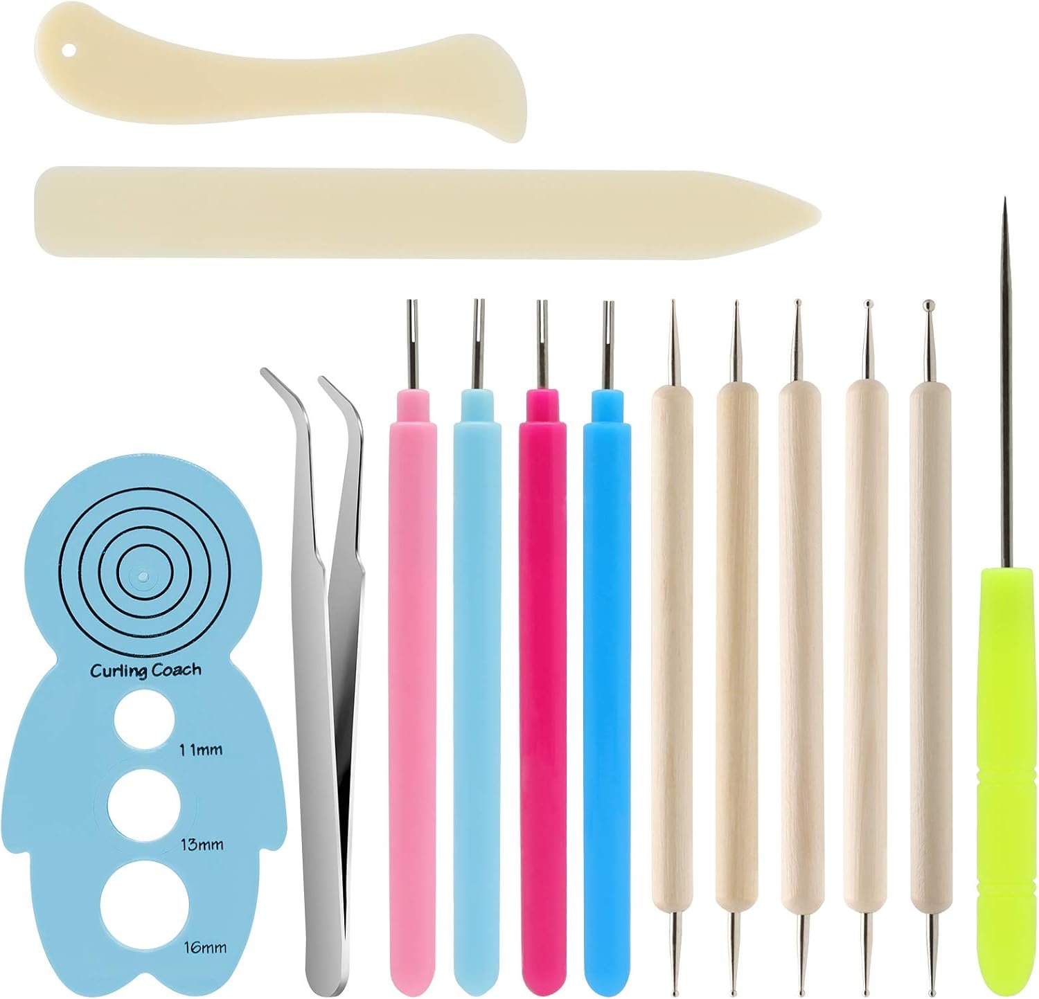 KITANIS 14Pcs Paper Quilling Tool and Supplies, Include 5Pcs Double Head Indentation Pens, 4Pcs Slotted Pens, 2Pcs Bone Folder Tools, Awl, Tweezer and Curling Coach for Card Making, Bookbinding