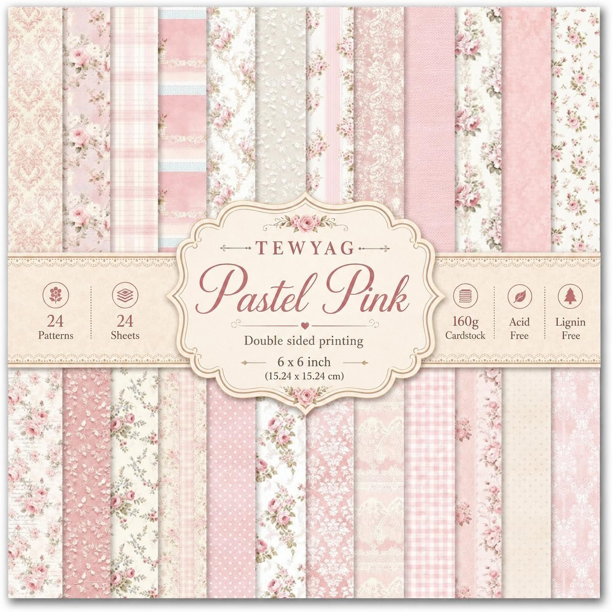 Floral Pink Scrapbook Paper Pad, 6×6 Aesthetic Craft Paper, 24 Sheets Double-Sided Decorative Patterned Decorative Junk Journal Supplies for Mixed Media, Card Making, Decoupage & DIY Art