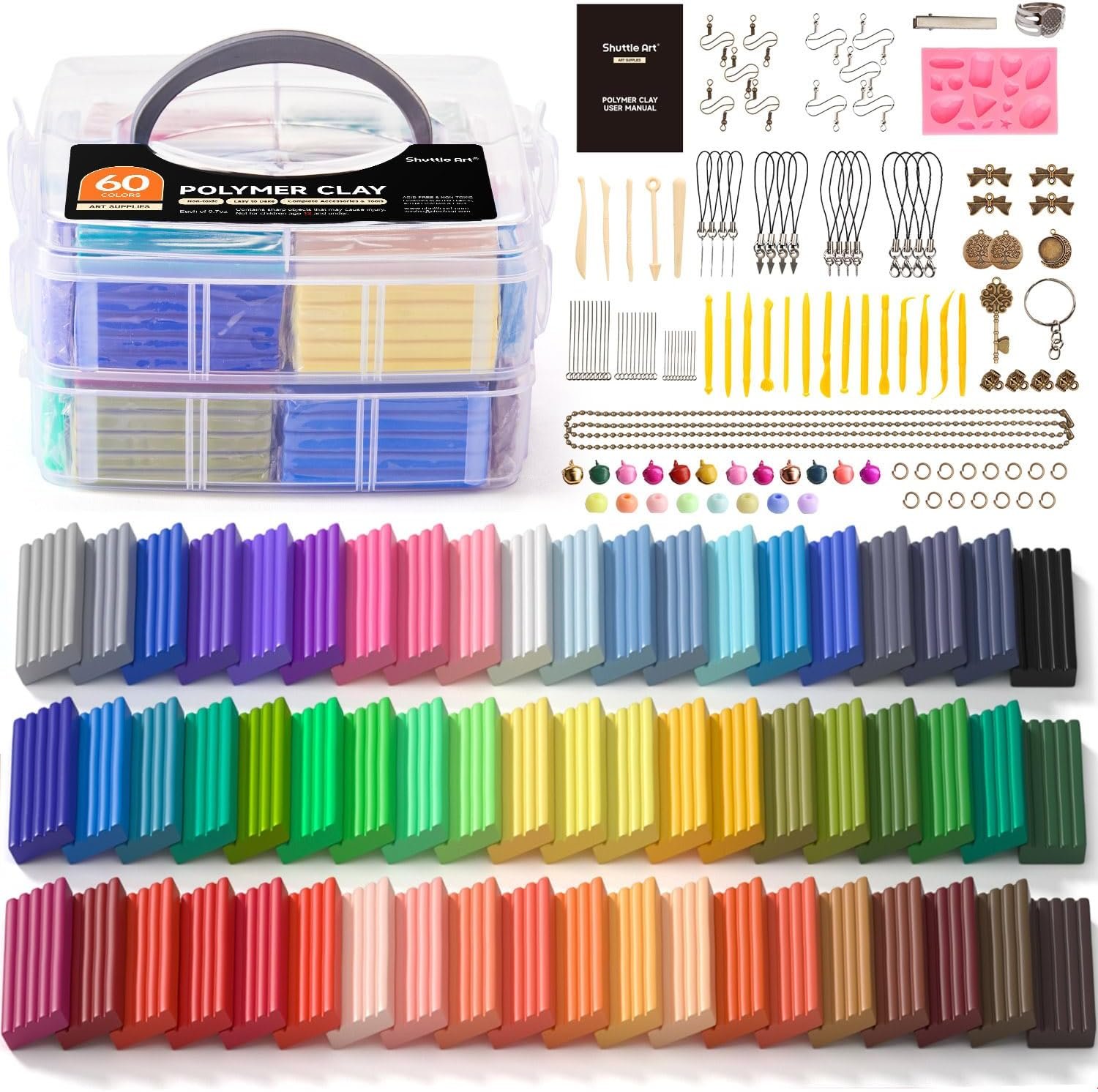 Shuttle Art Polymer Clay Kit, 60 Colors Oven Bake Clay for Kids, 19 Sculpting Tools, 16 Accessories, Non-Sticky, Non-Toxic DIY Crafts for Kids Adults