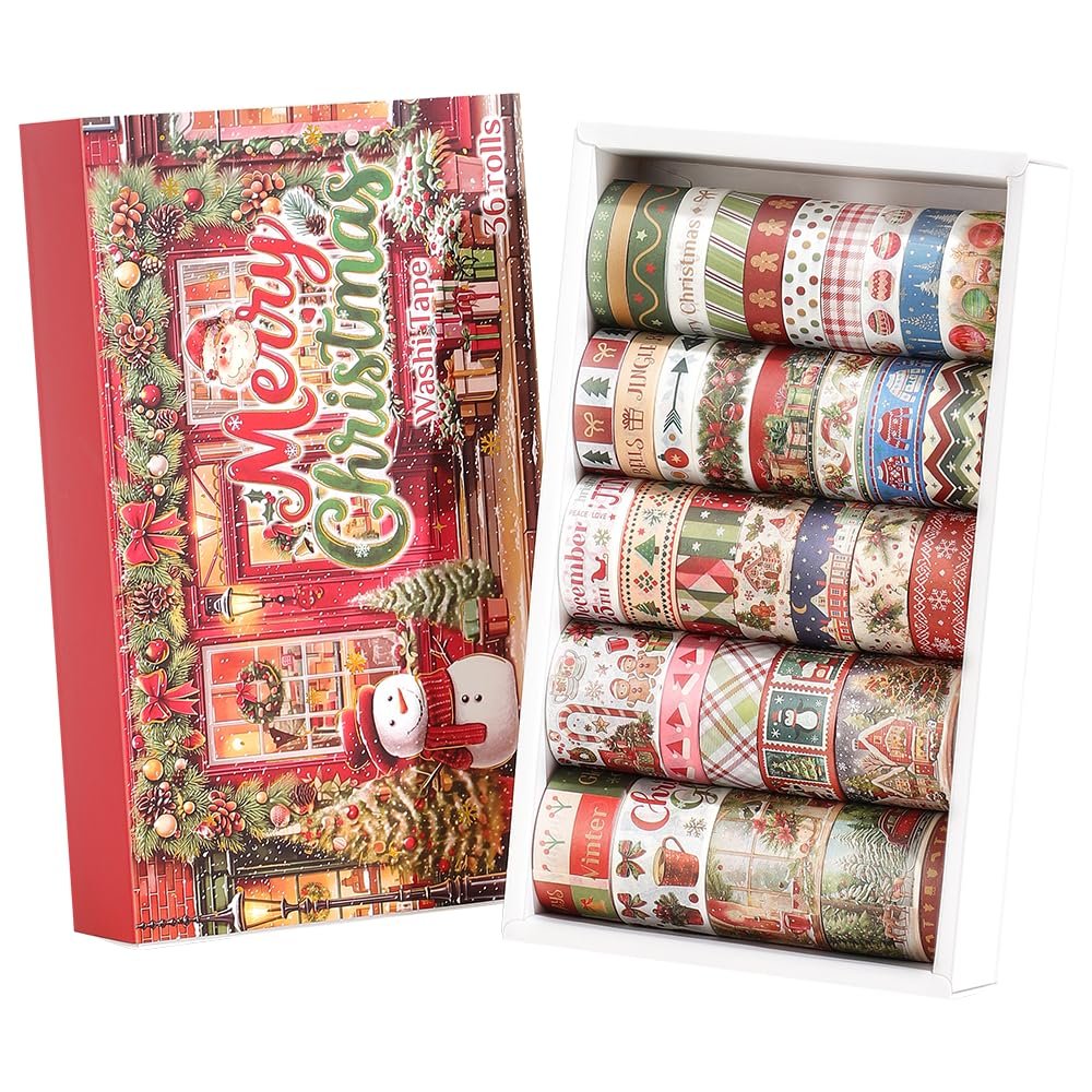 icceemee 36 Rolls Christmas Washi Tape Set, Festive Holiday Decorative Masking Tape, Xmas Planner Scrapbook Journal DIY Craft Gift Wrapping Supplies