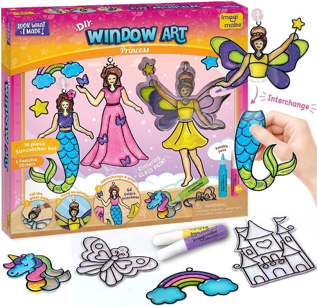 Imagimake Window Art – Princess, Mermaid, Unicorn 16 Pieces Suncatcher Kit