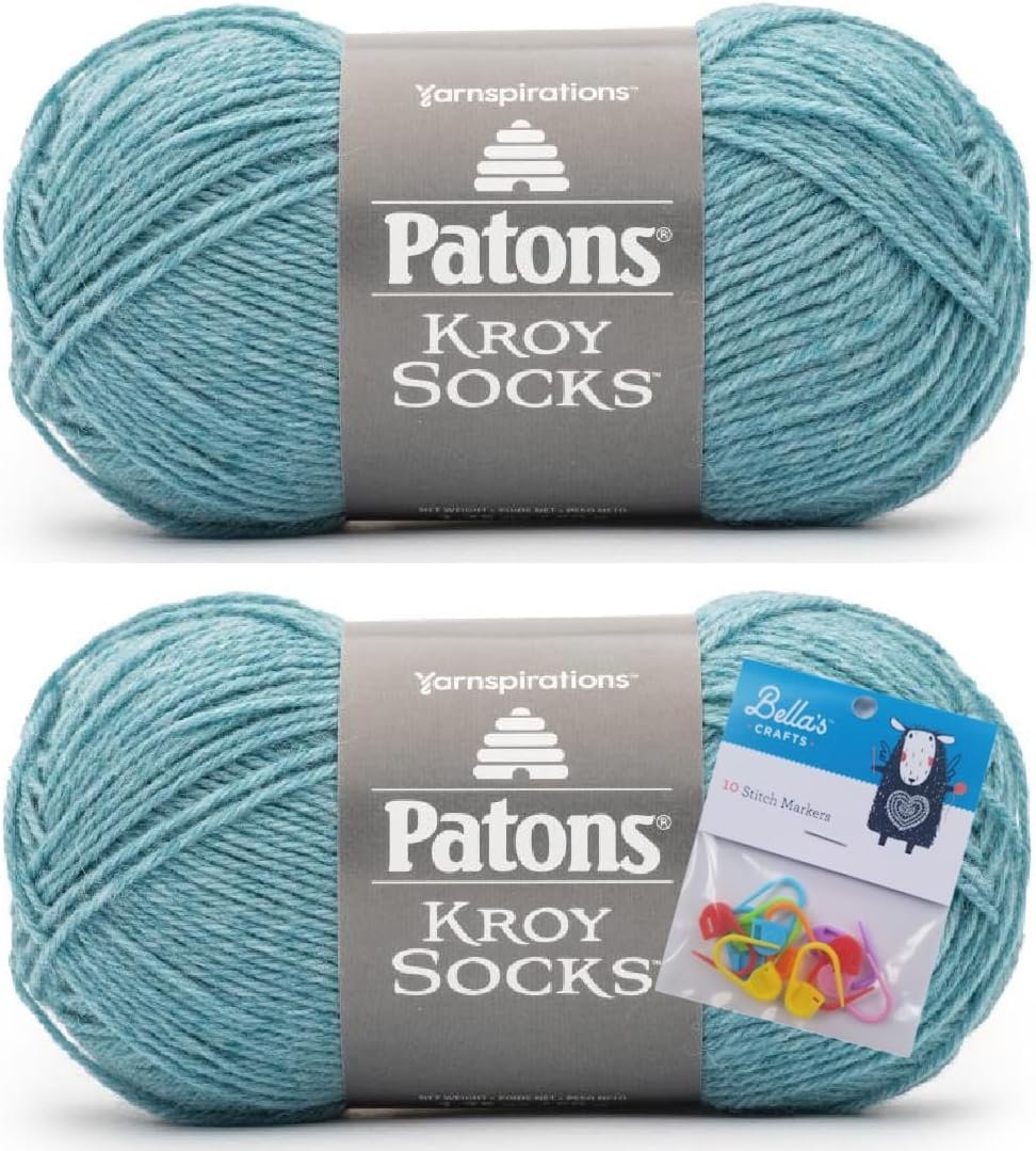 Patons Kroy Socks Yarn 2-Pack Bundle with Bella’s Crafts Stitch Markers (Saltwater)