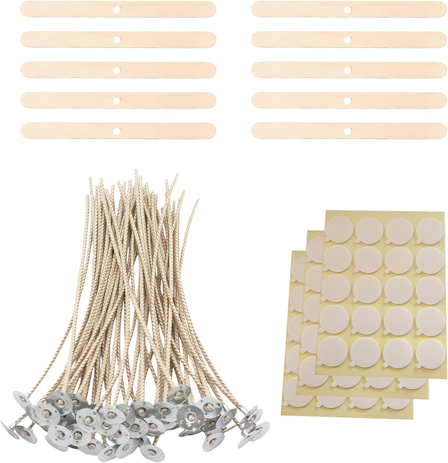 Candle Wicks Kit – 50pcs 8 Inch Natural Candles Wicks with 10pcs Wooden Holders 120 Pcs Wick Stickers for Soy Wax Beeswax Coconut Wax Candle Making Supplies
