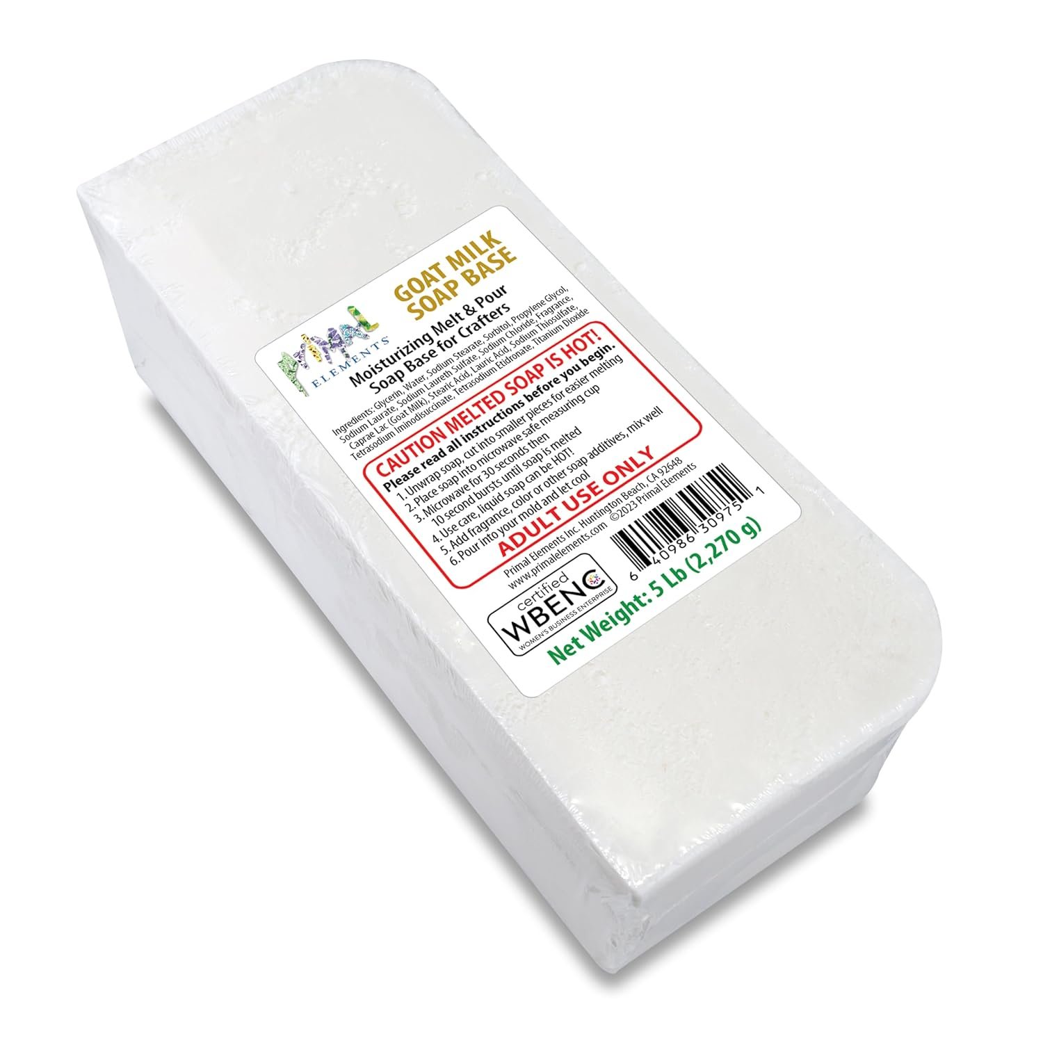 Primal Elements Goat Milk Soap Base – Moisturizing Melt and Pour Glycerin Soap Base for Crafting and Soap Making, Easy to Cut – 5 Pound