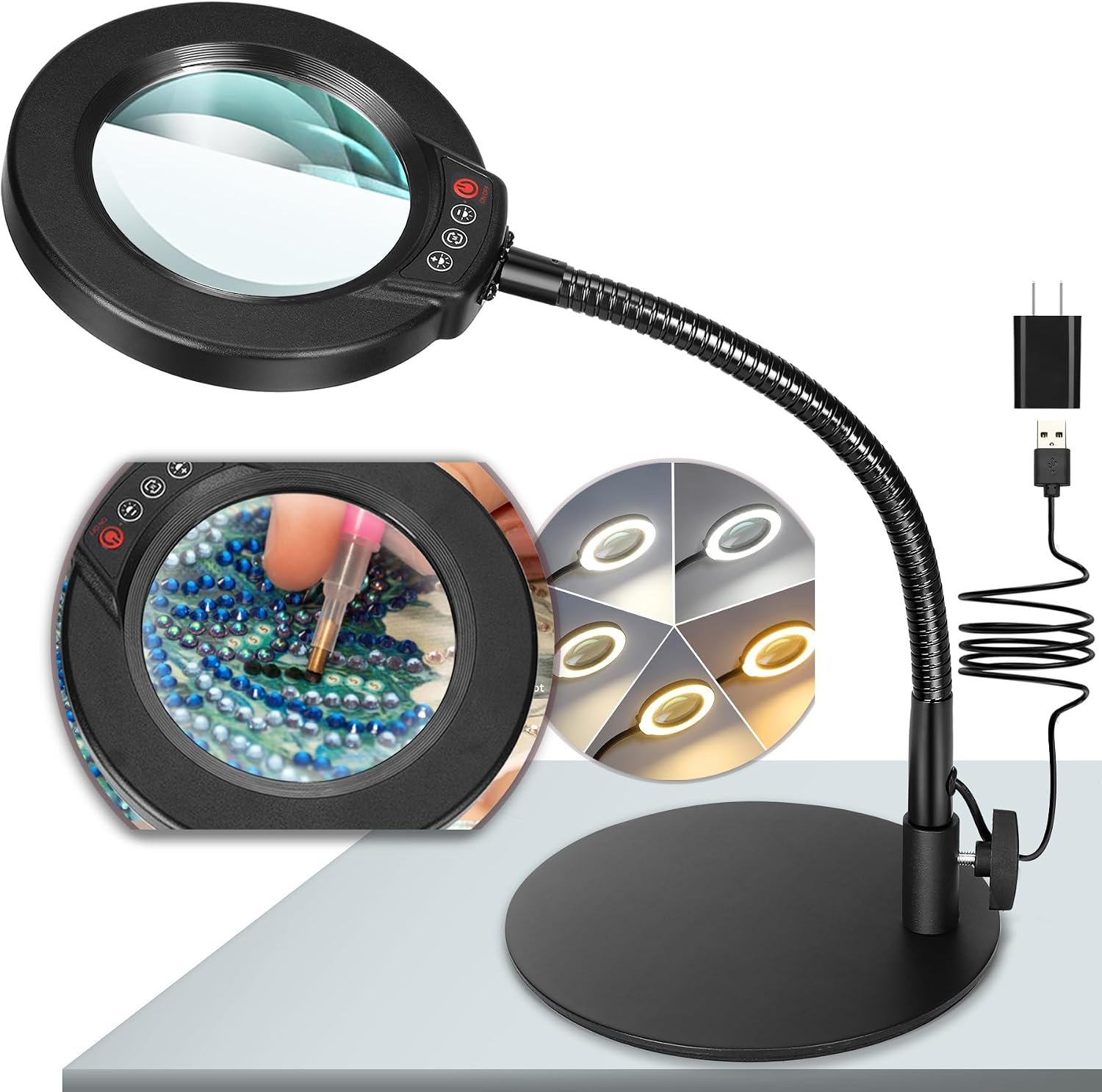 10X Magnifying Glass with Light and Stand, 5 Color Modes Stepless Dimmable LED Lighted Desk Lamp, Hands Free Magnifier with Flexible Goose-Neck for Craft Hobby Painting Sewing Close Work