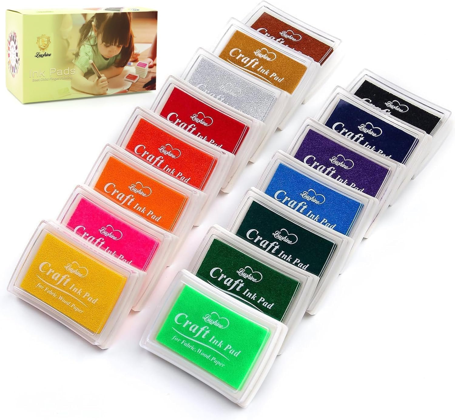 Lsushine 15 Colors Craft Ink Pads, Washable Stamp Pads for DIY Stamping