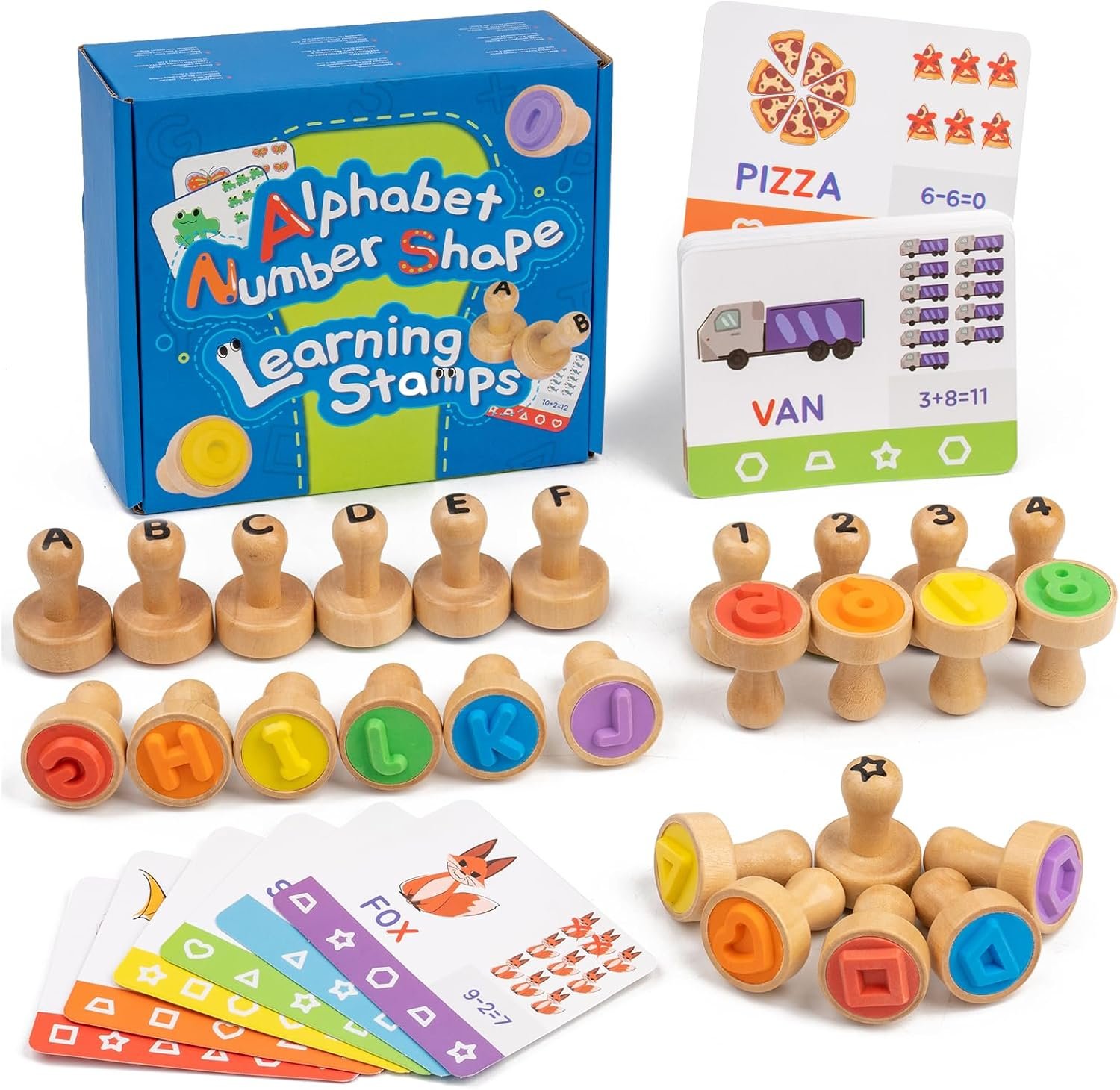 Alphabet Number Stamps for Kids, Wooden ABC Spelling Toddler Stamps Set