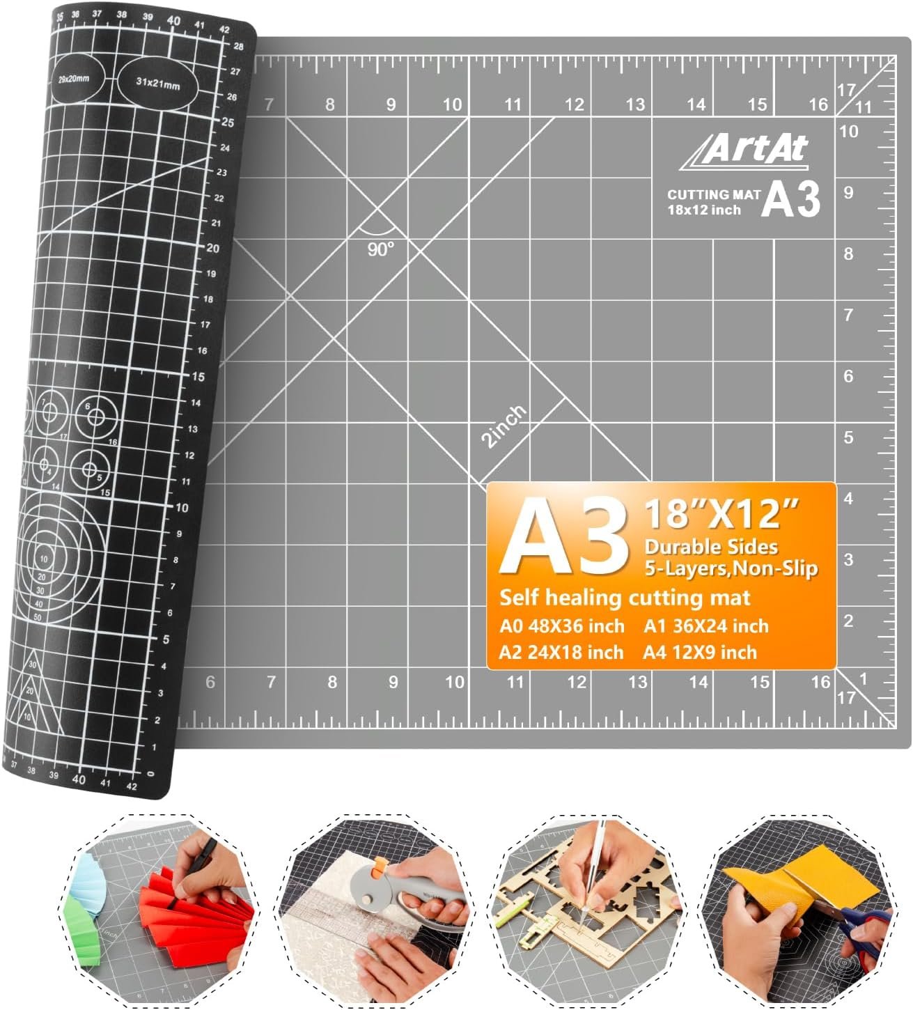 ArtAt Self Healing Cutting Mat: 12″x 18″ Black-Gray Eco-Craft Cutting Mat – 5-Layer Durable Anti-Blade-Wear Material for All Your Crafting Needs