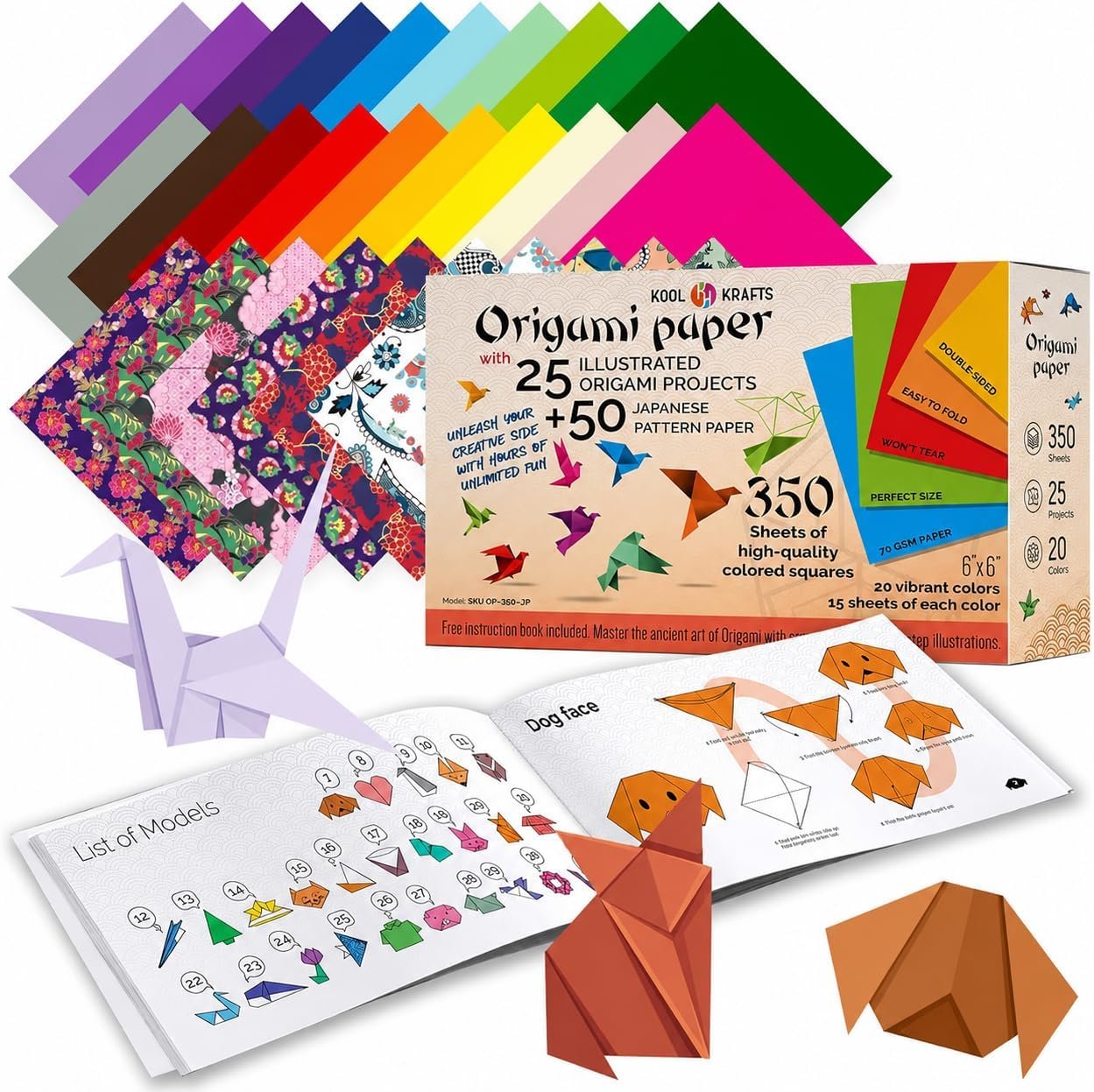 Origami Paper | 350 Origami Paper Kit | Set Includes – 300 Sheets 20 Colors 6×6 | 50 Traditional Japanese Patterns | Origami Book 25 Easy Colored Projects | Kids Crafts | Christmas Gifts for boys 8-12