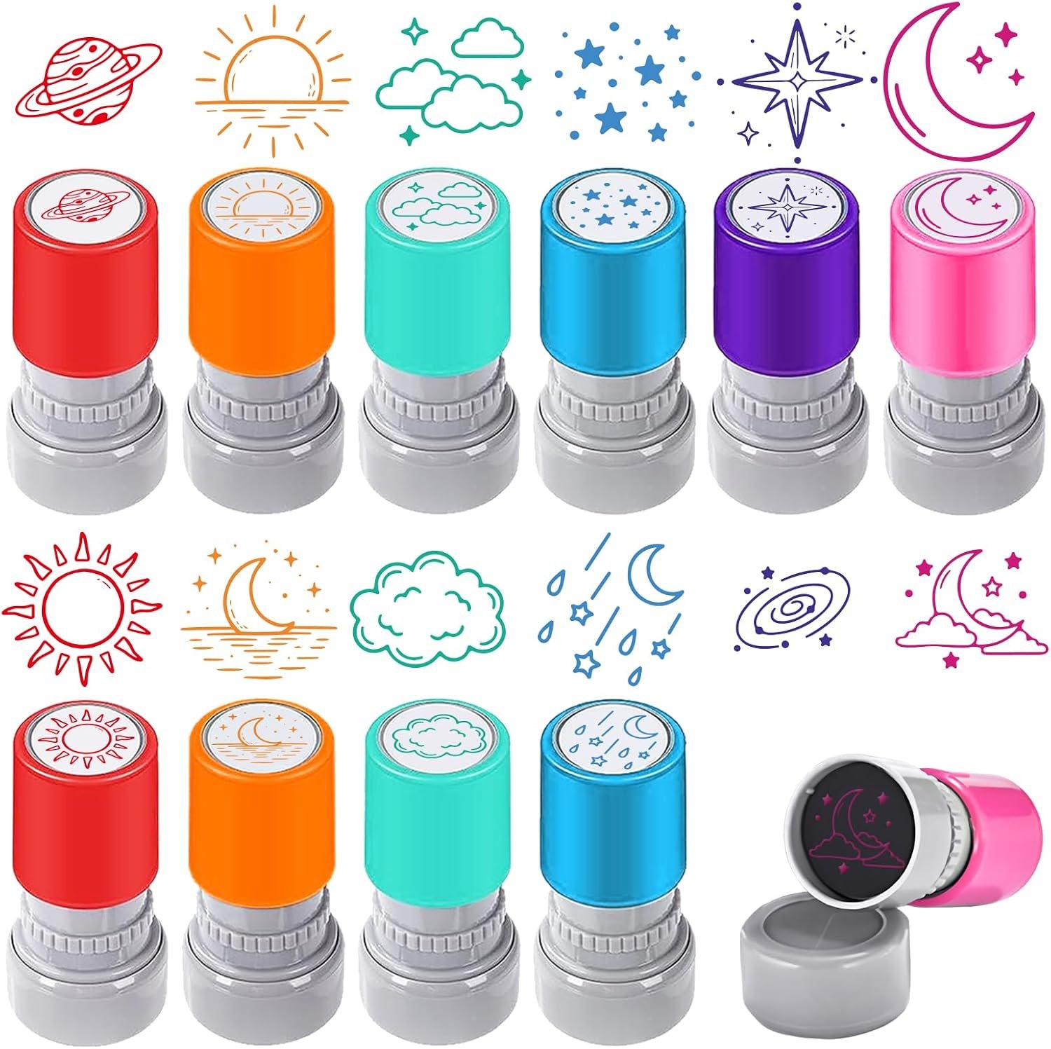 GLOBLELAND 12 Pcs Weather Self-Inking Stamps Sun Stars Teacher Stamp Moon Cloud Encouraging Motivation Stamps for Teachers Card Making DIY Embossing Journaling