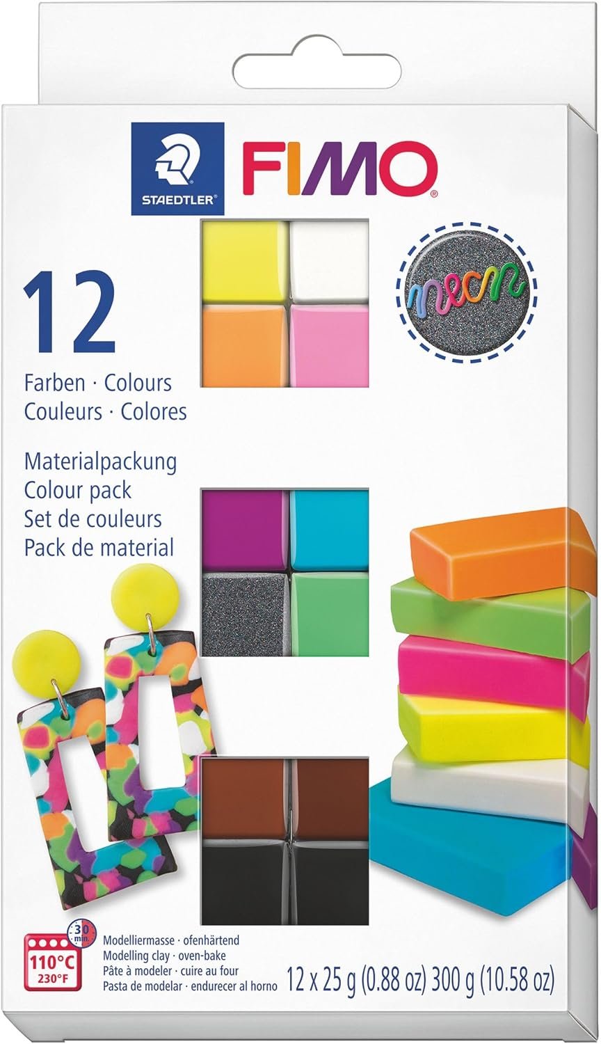 STAEDTLER FIMO Effect & Soft Oven-Bake Polymer Clay – Neon Collection: 12 x 25g Half Blocks – for Modeling, Jewelry, Sculpting, Adult Arts and Crafts Supplies & Hobbies