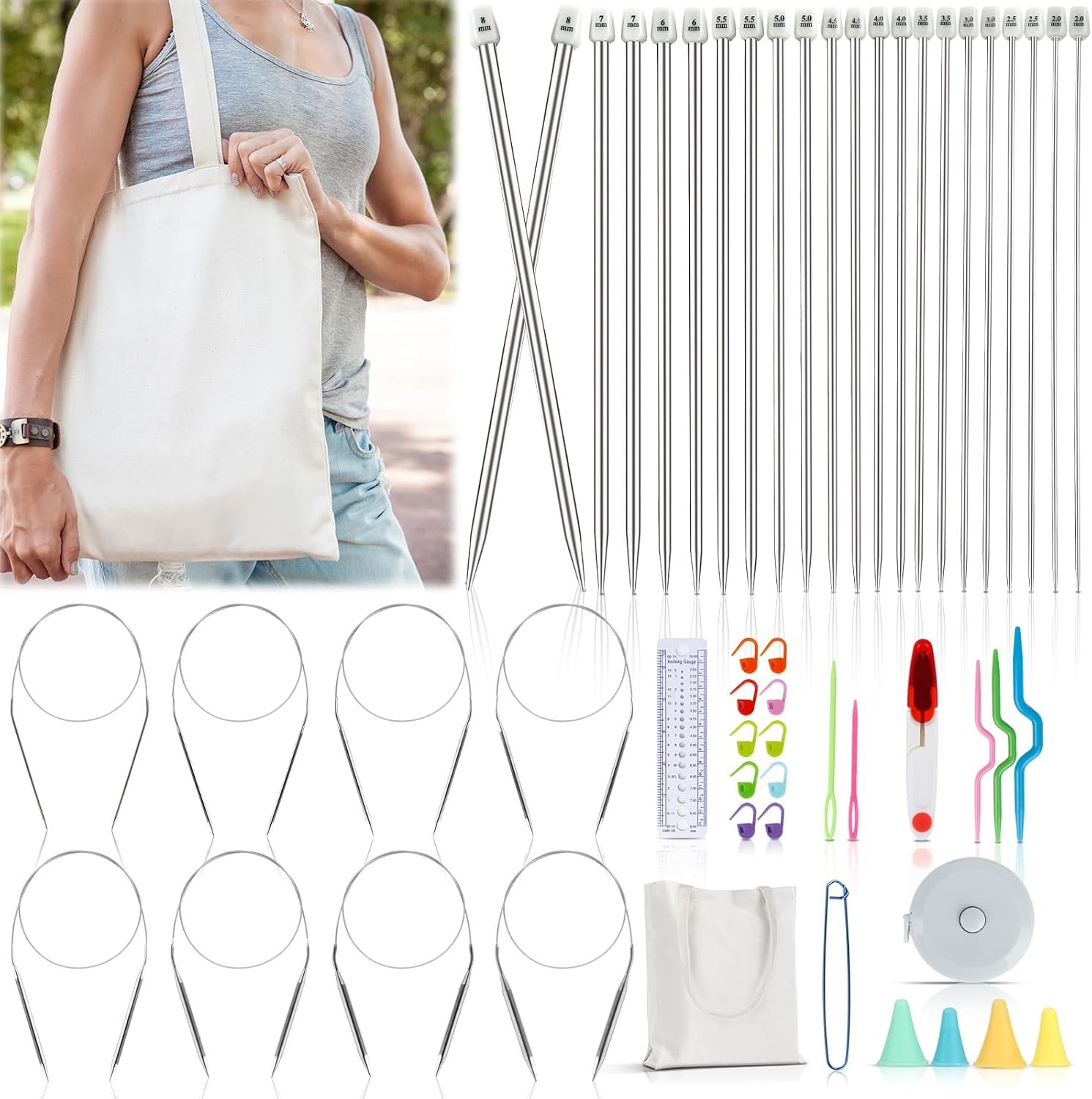 Katech Knitting Needles Set for Beginners, Complete Full Size Knit Needle